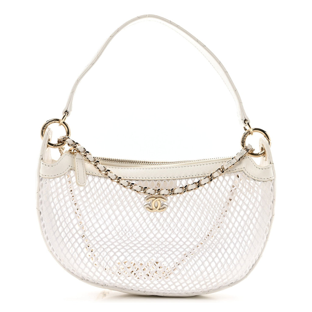 Mesh Shiny Lambskin Chain Hobo White
