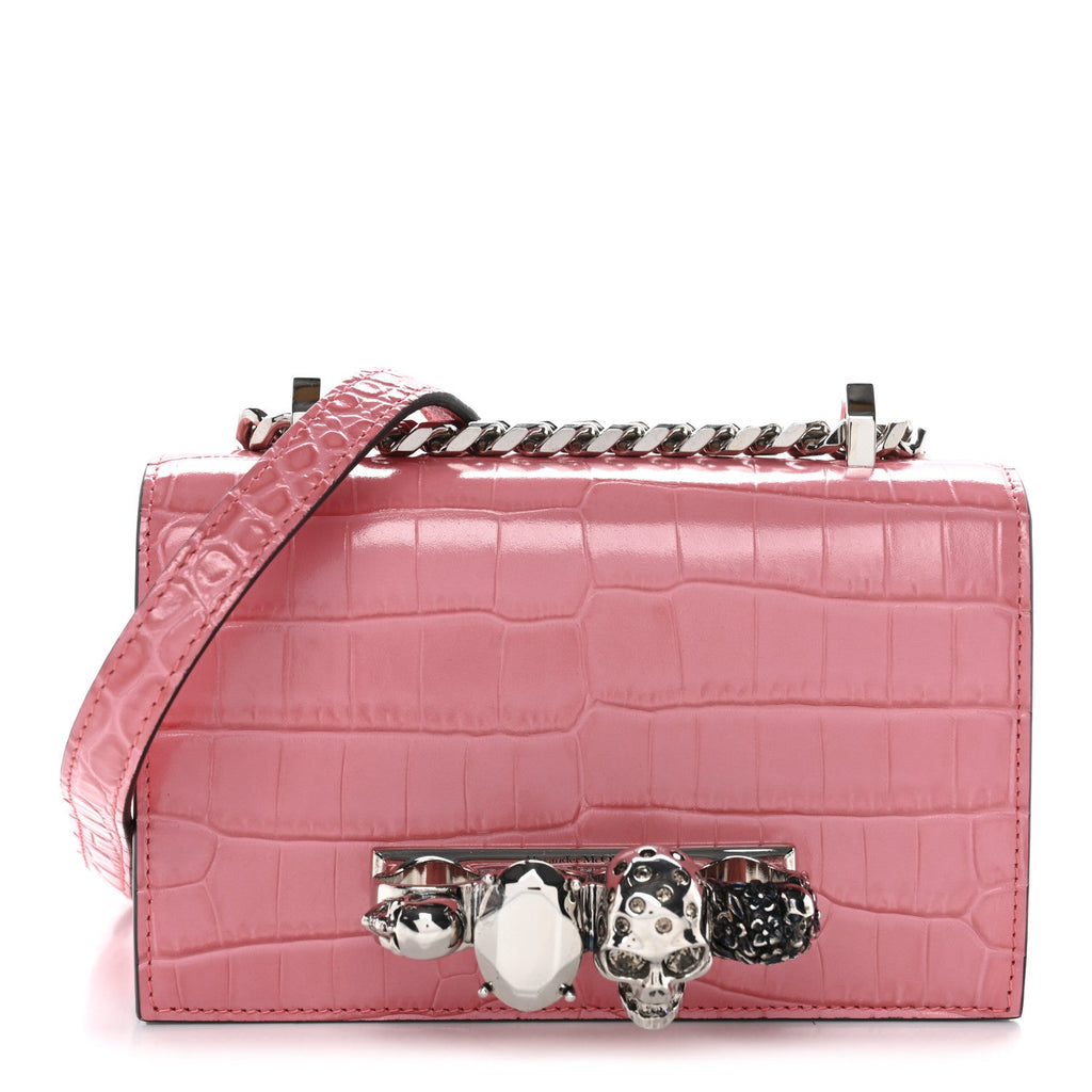 Calfskin Crocodile Embossed Mini Jeweled Knuckle Satchel Pink