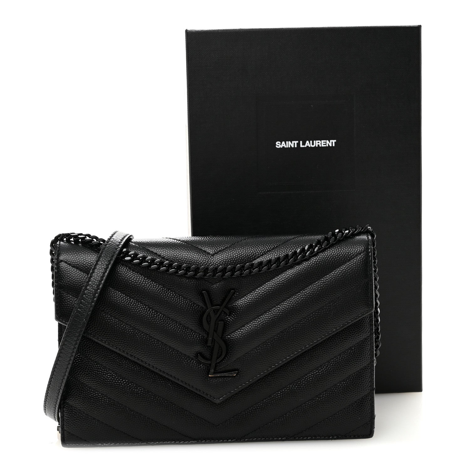 Grain De Poudre Matelasse Chevron Monogram Monochrome Envelope Chain Wallet Black