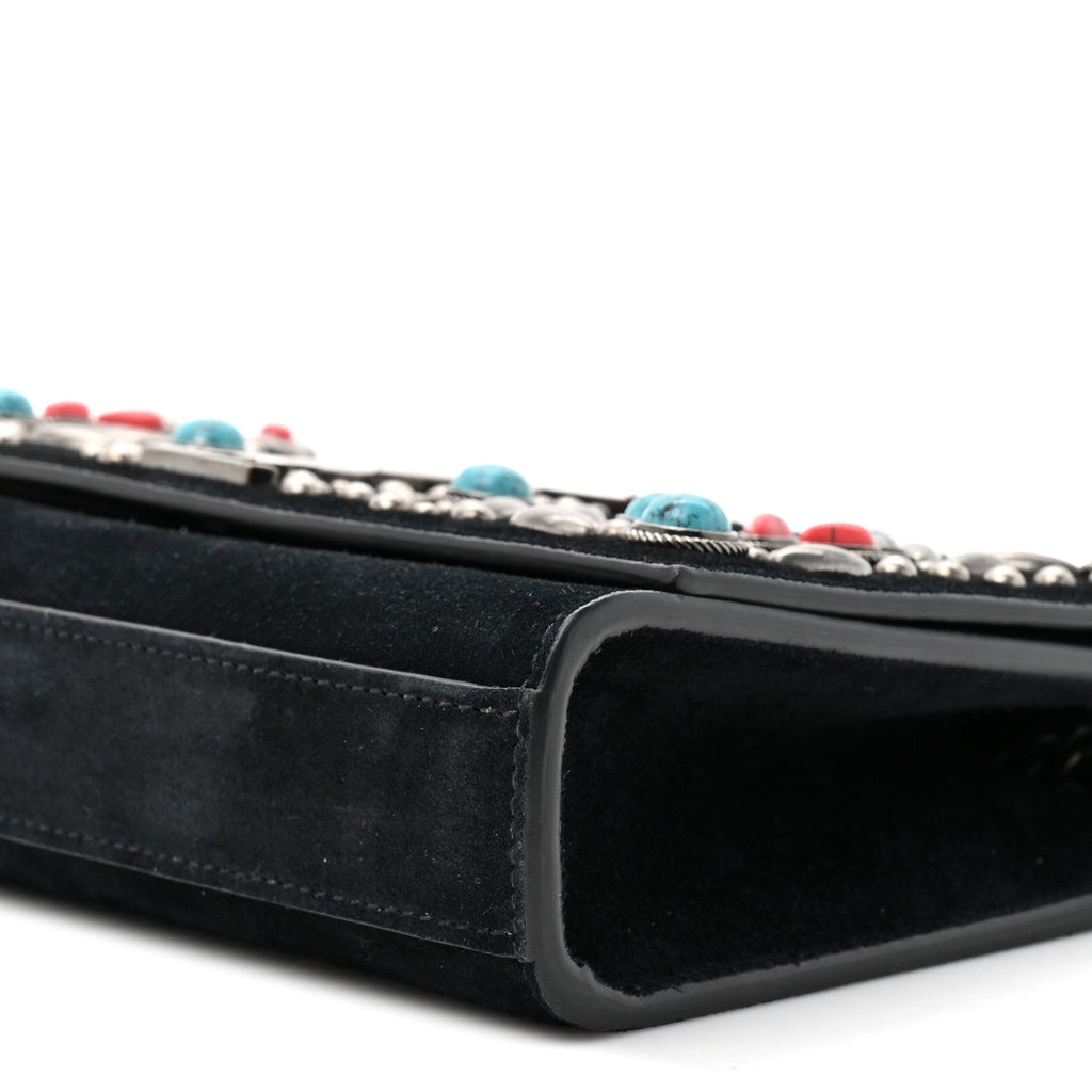 Suede Small Monogram Stone Studded Kate Satchel Black Turquoise Coral