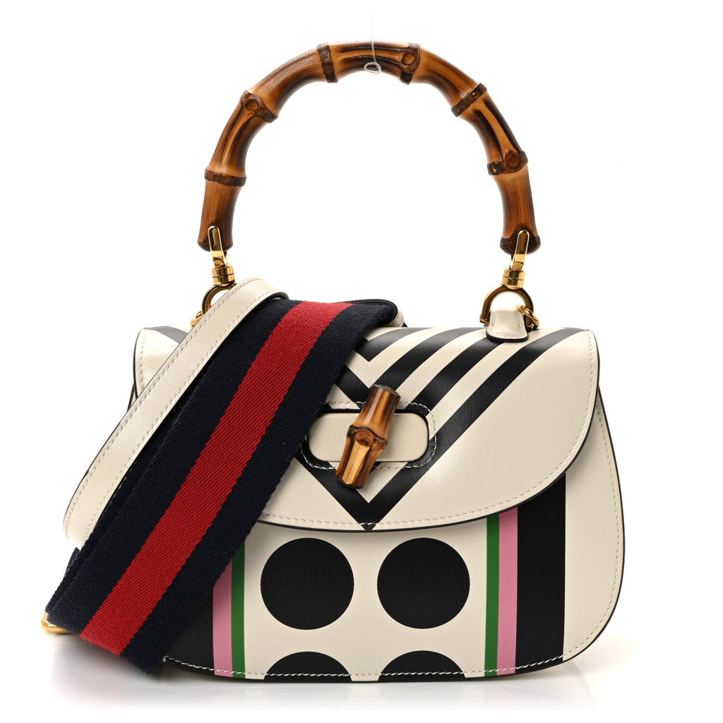Calfskin Web Geometric Print Small Bamboo 1947 Top Handle Bag White Multi
