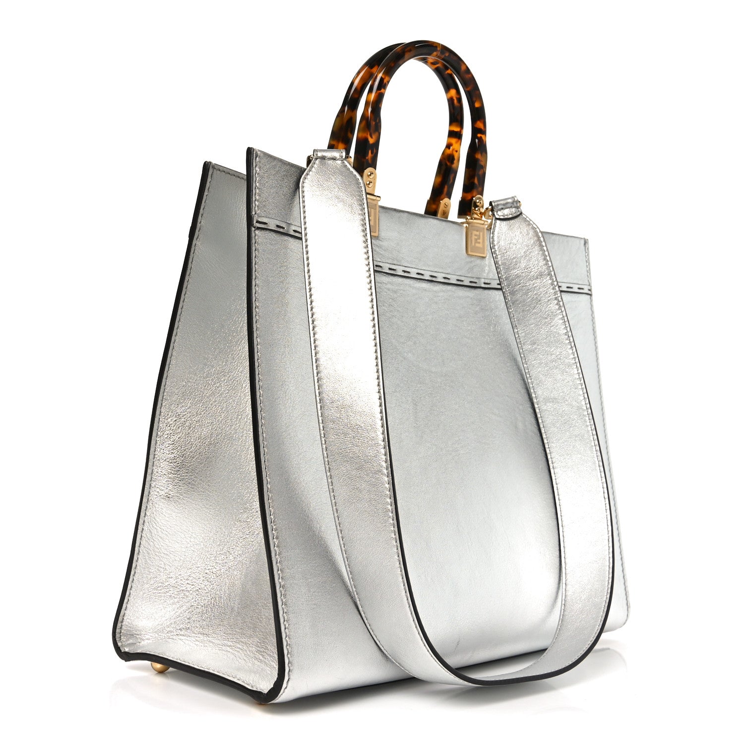 Vitello Catalan Mirror Plexiglass Logo Embossed Medium Fendi Sunshine Shopper Tote Argento