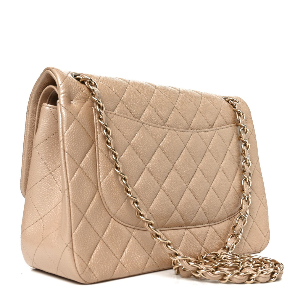 Pearly Caviar Quilted Jumbo Double Flap Beige