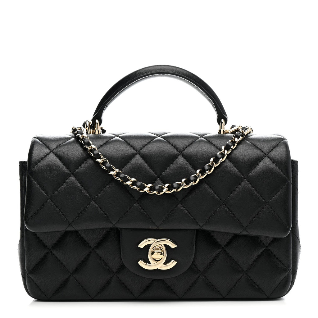 Lambskin Quilted Mini Top Handle Rectangular Flap Black