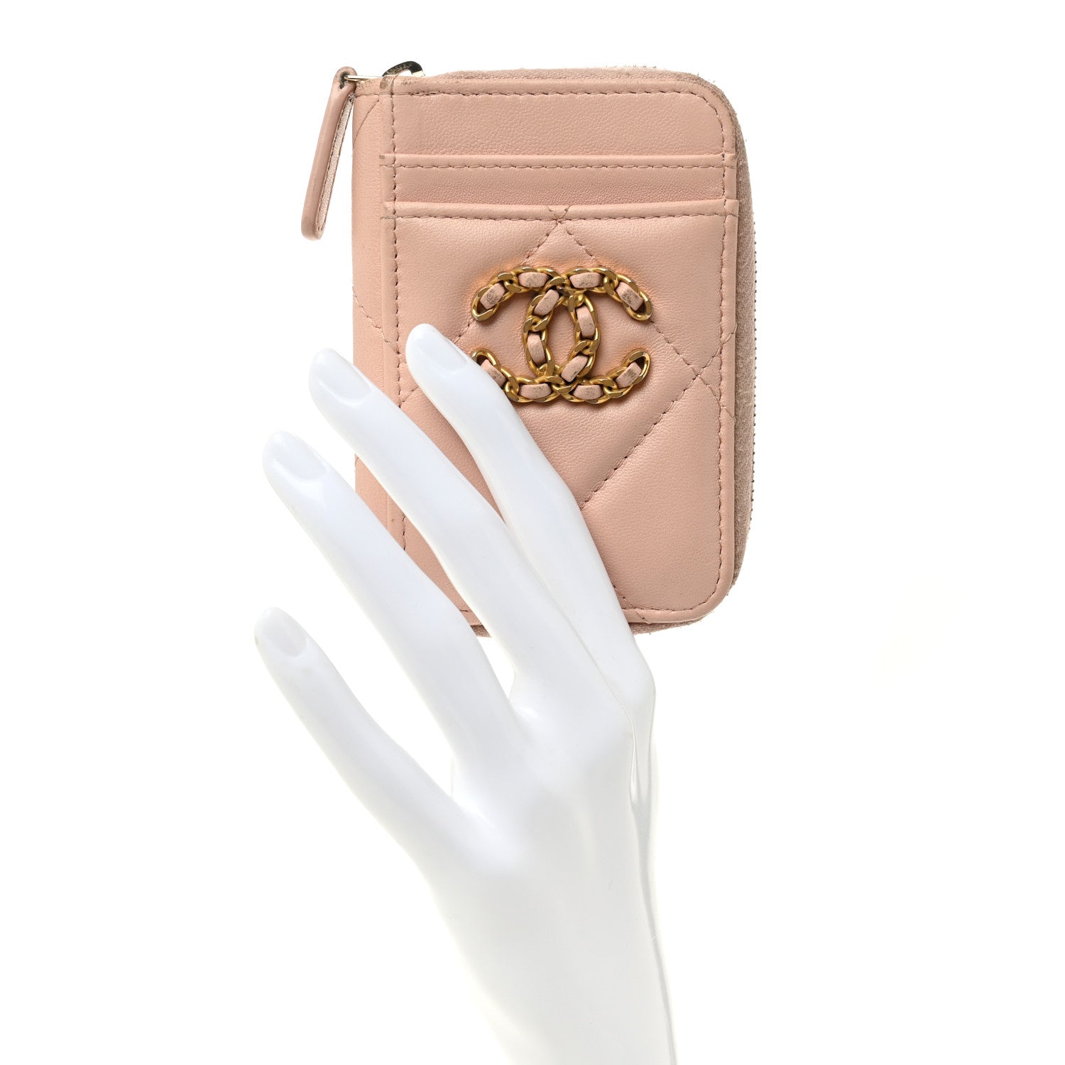 Lambskin Quilted Chanel 19 Vertical Zip  Holder Wallet Light Pink
