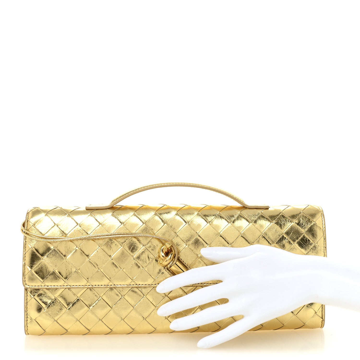 Metallic Lambskin Intrecciato Long Andiamo Top Handle Clutch Gold