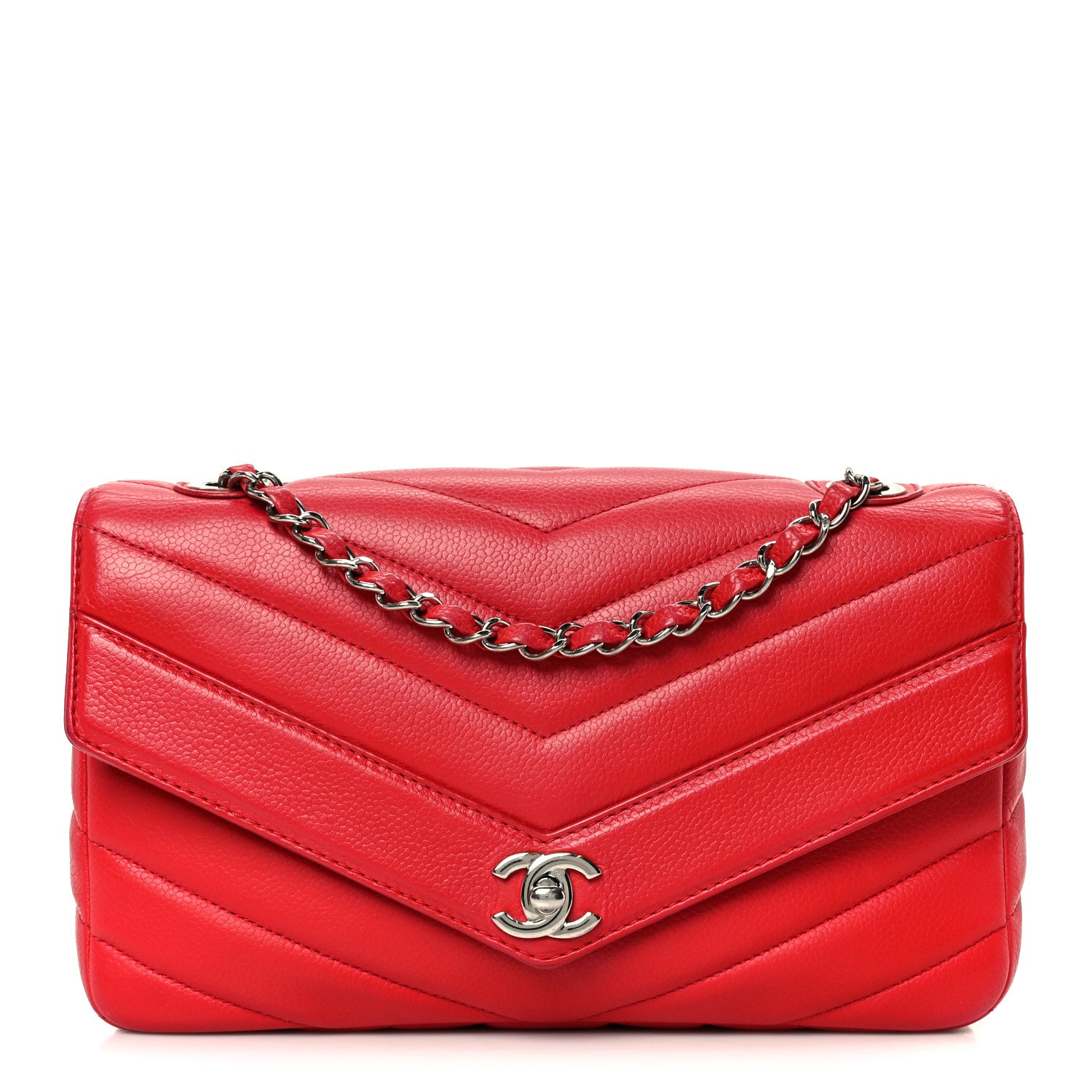 Caviar Chevron Quilted Single Flap Red