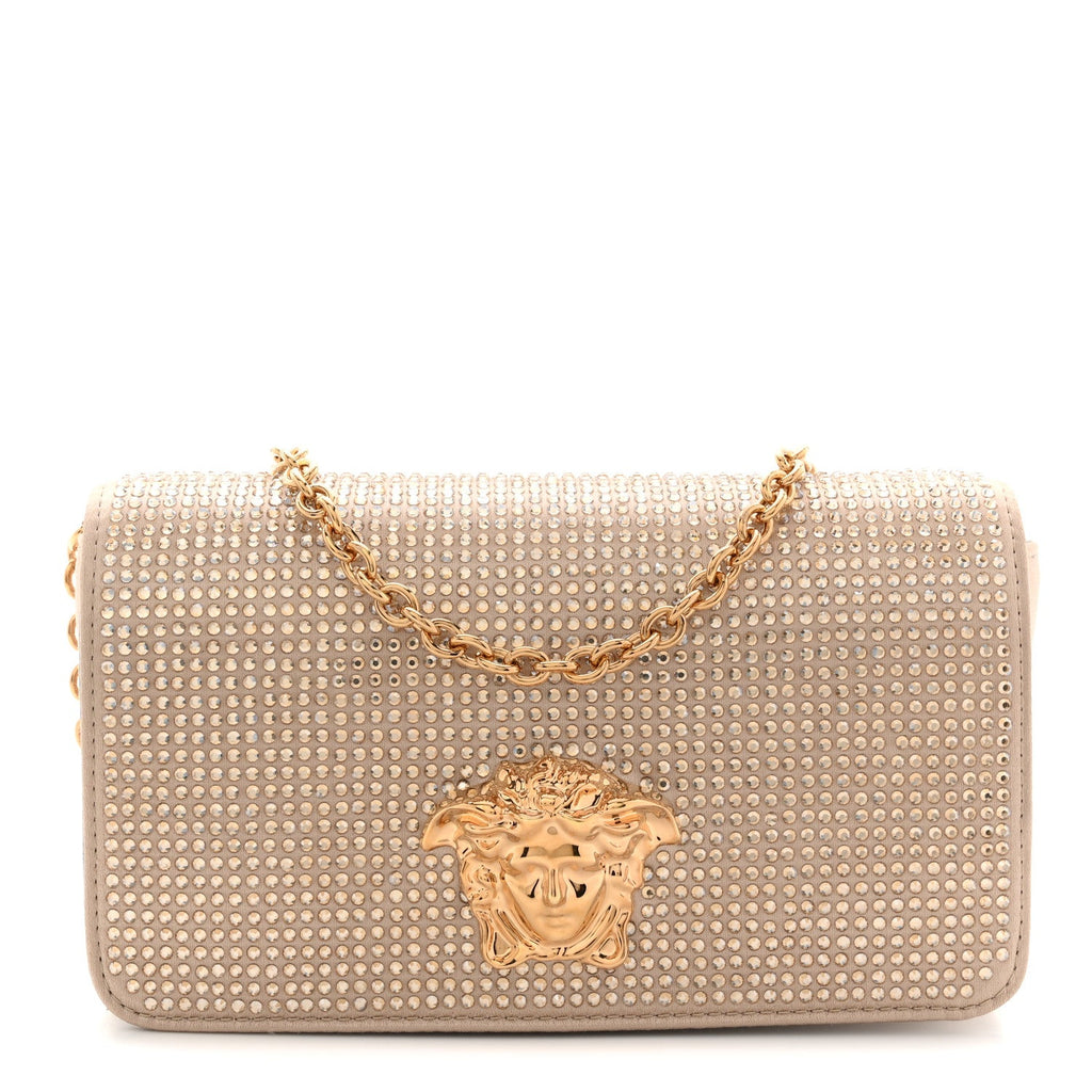 Satin Crystal Medusa Chain Clutch Beige