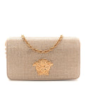 Satin Crystal Medusa Chain Clutch Beige