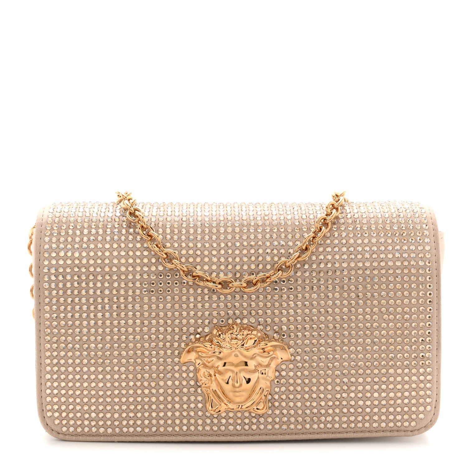 Satin Crystal Medusa Chain Clutch Beige
