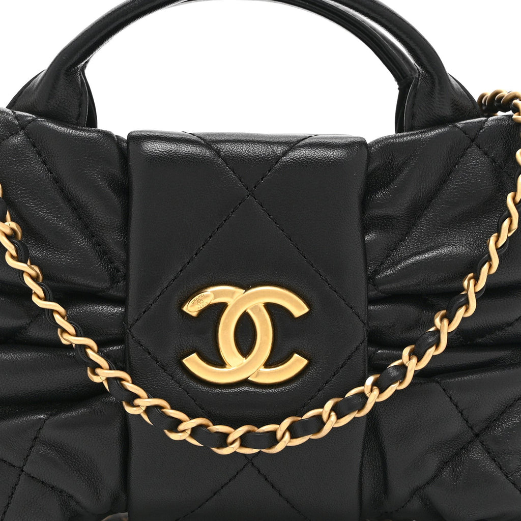 Lambskin Quilted Mini Bow Bag Black