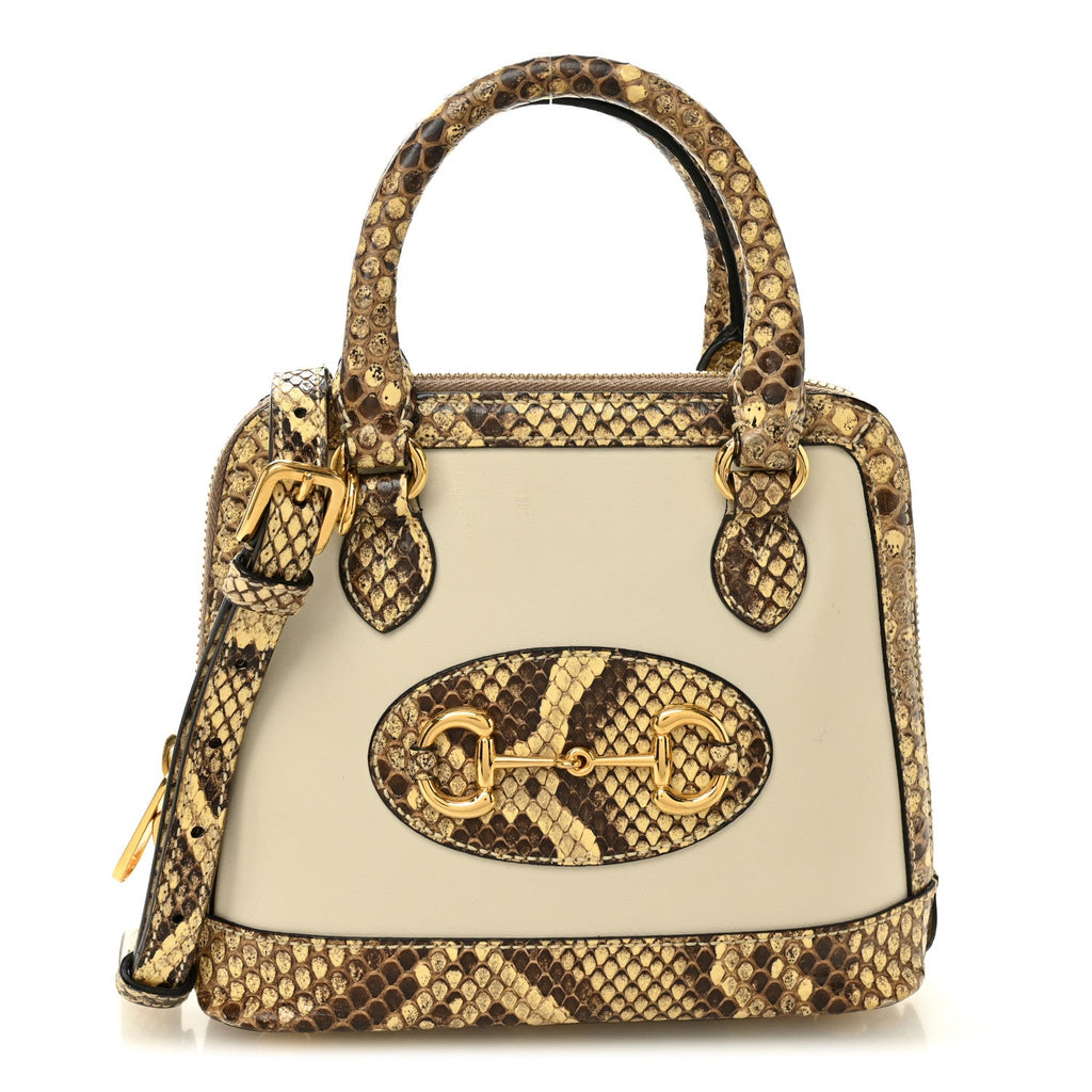 Snakeskin Boarded Plutone Calfskin Mini Horsebit 1955 Top Handle Bag White Multicolor