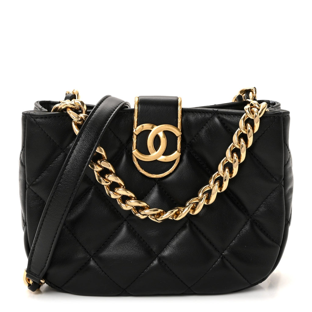 Lambskin Quilted Small Chain Hobo Black
