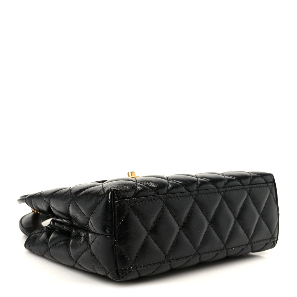Shiny Aged Calfskin Quilted Nano Kelly Shopper Black