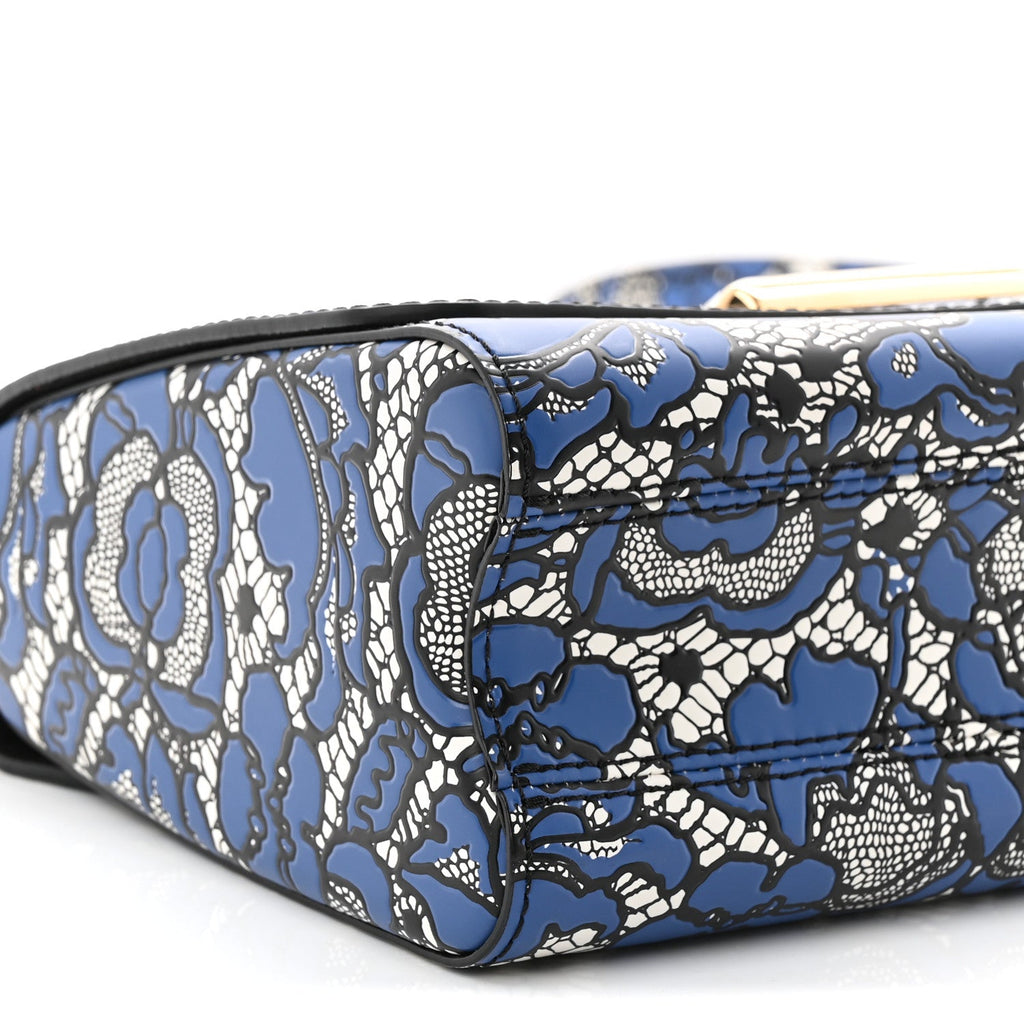 Calfskin Lace Flower Inlay Twist Shoulder Bag MM Navy Black