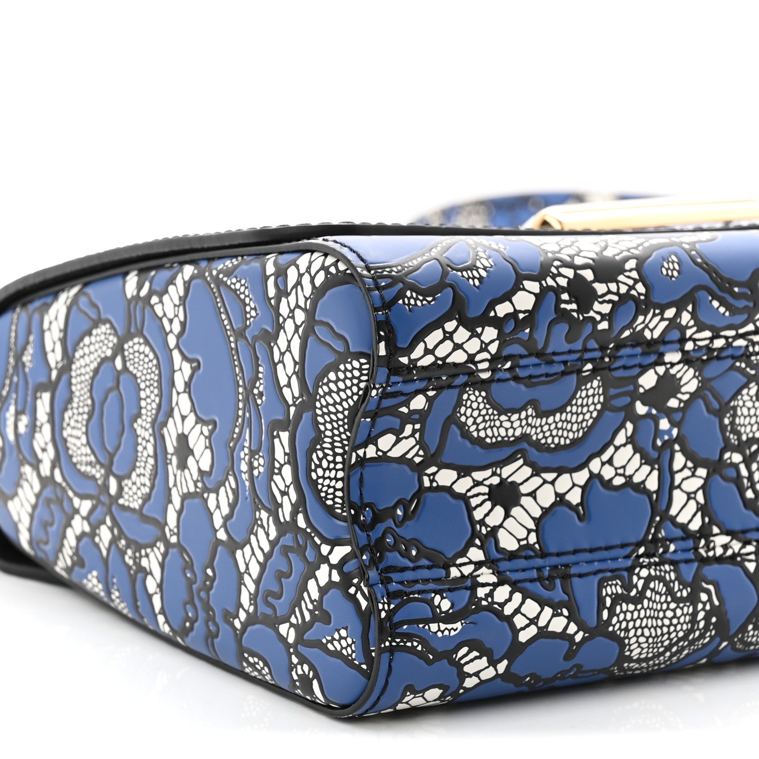 Calfskin Lace Flower Inlay Twist Shoulder Bag MM Navy Black