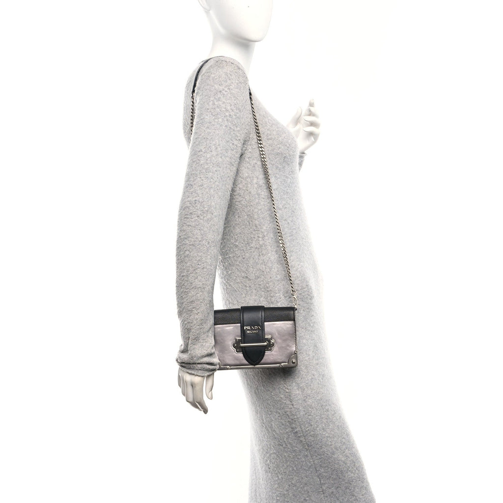 Metallic Vitello Saffiano Cahier Bag Silver Black