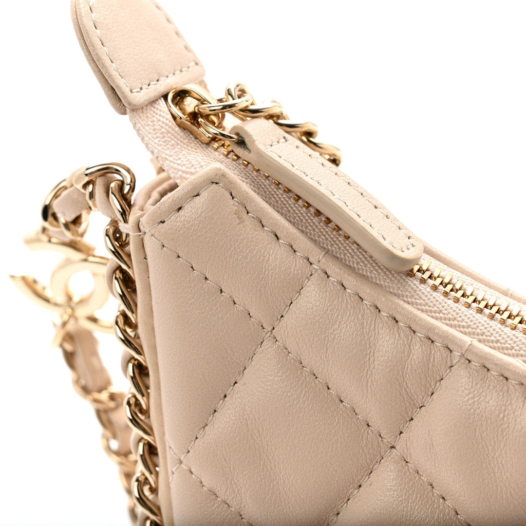 Lambskin Quilted Small Hobo Bag Light Beige