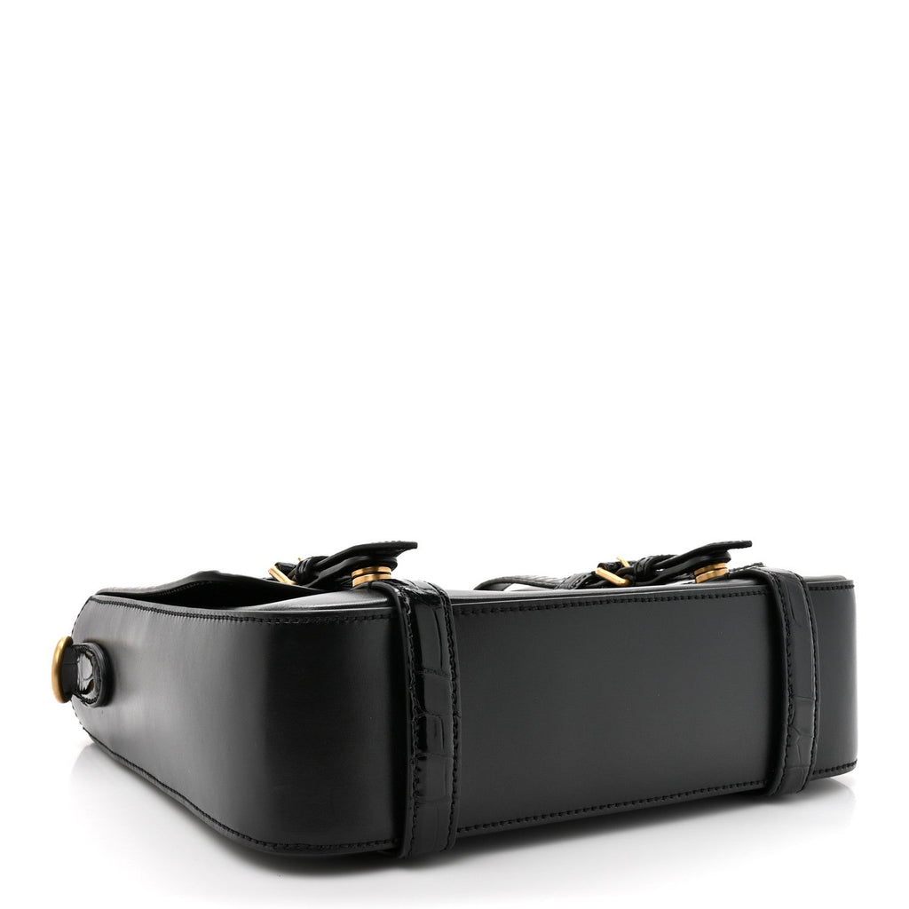 Calfskin Crocodile GG Double Buckle Medium Messenger Bag Black