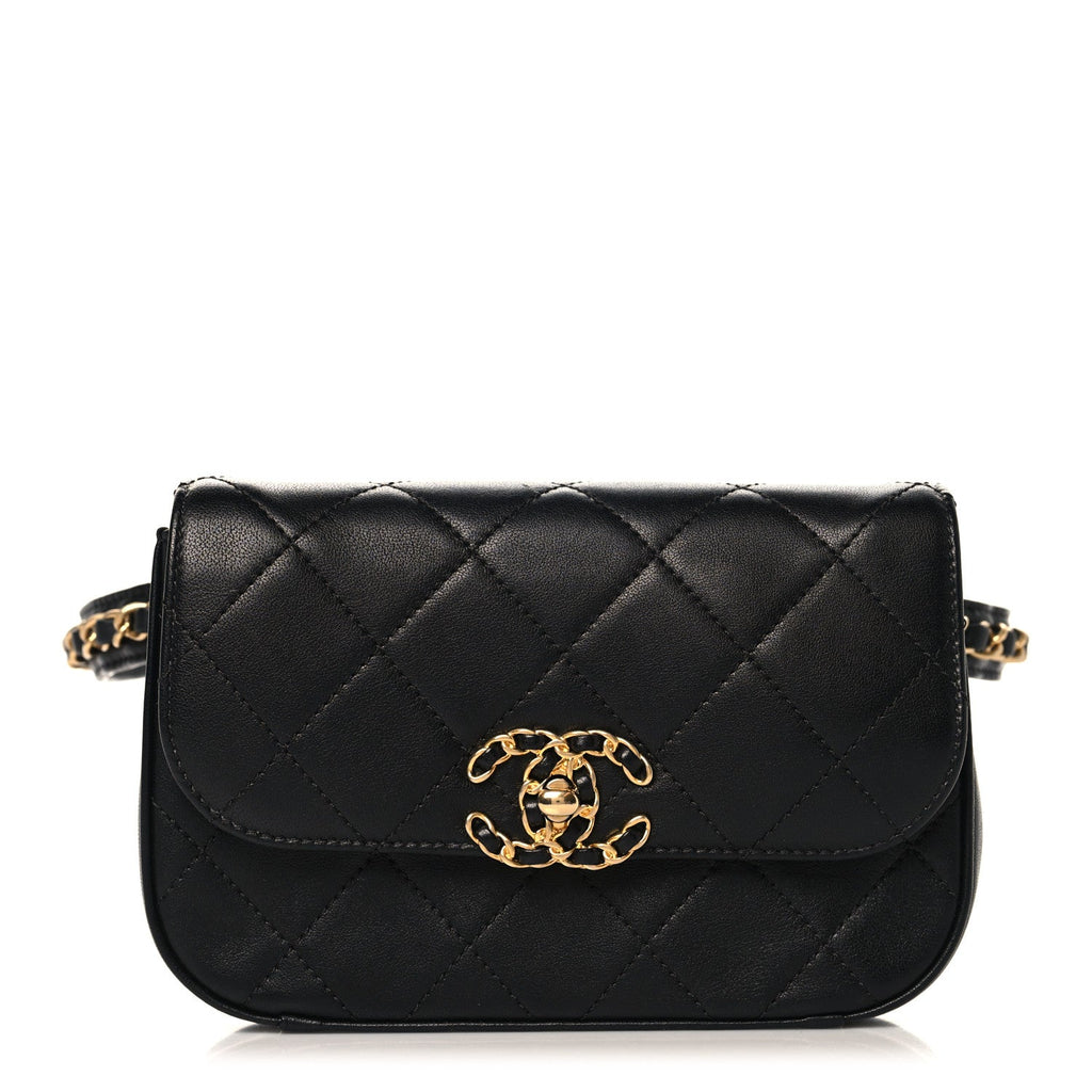 Lambskin Quilted Chain Infinity Waist Belt Bag Black
