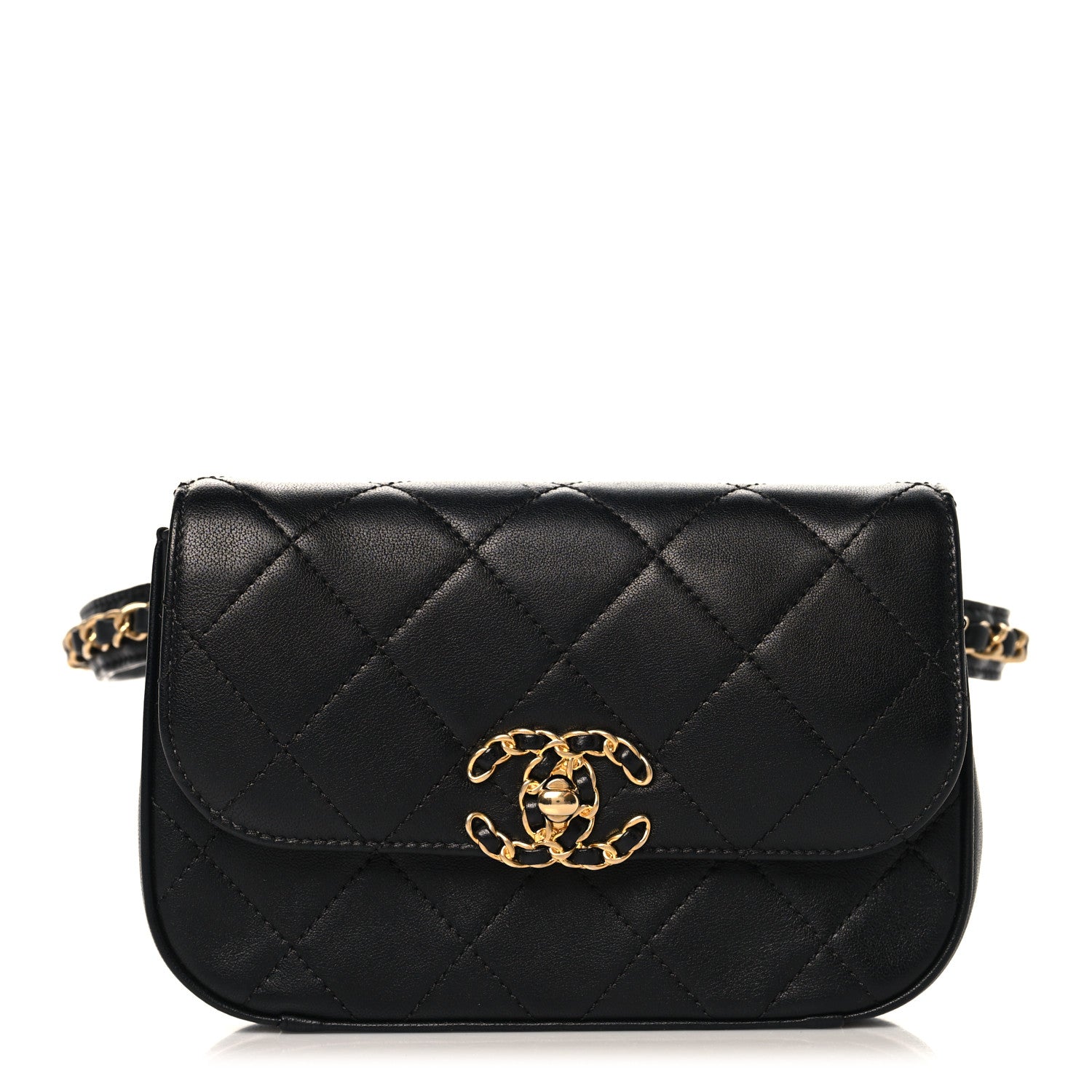 Lambskin Quilted Chain Infinity Waist Belt Bag Black
