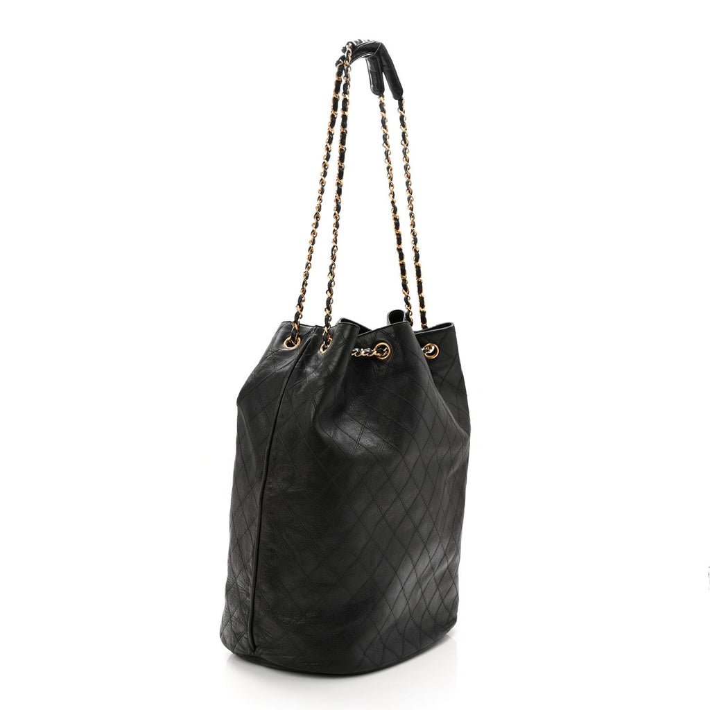 Grained Calfskin Quilted Drawstring Bucket Bag Black