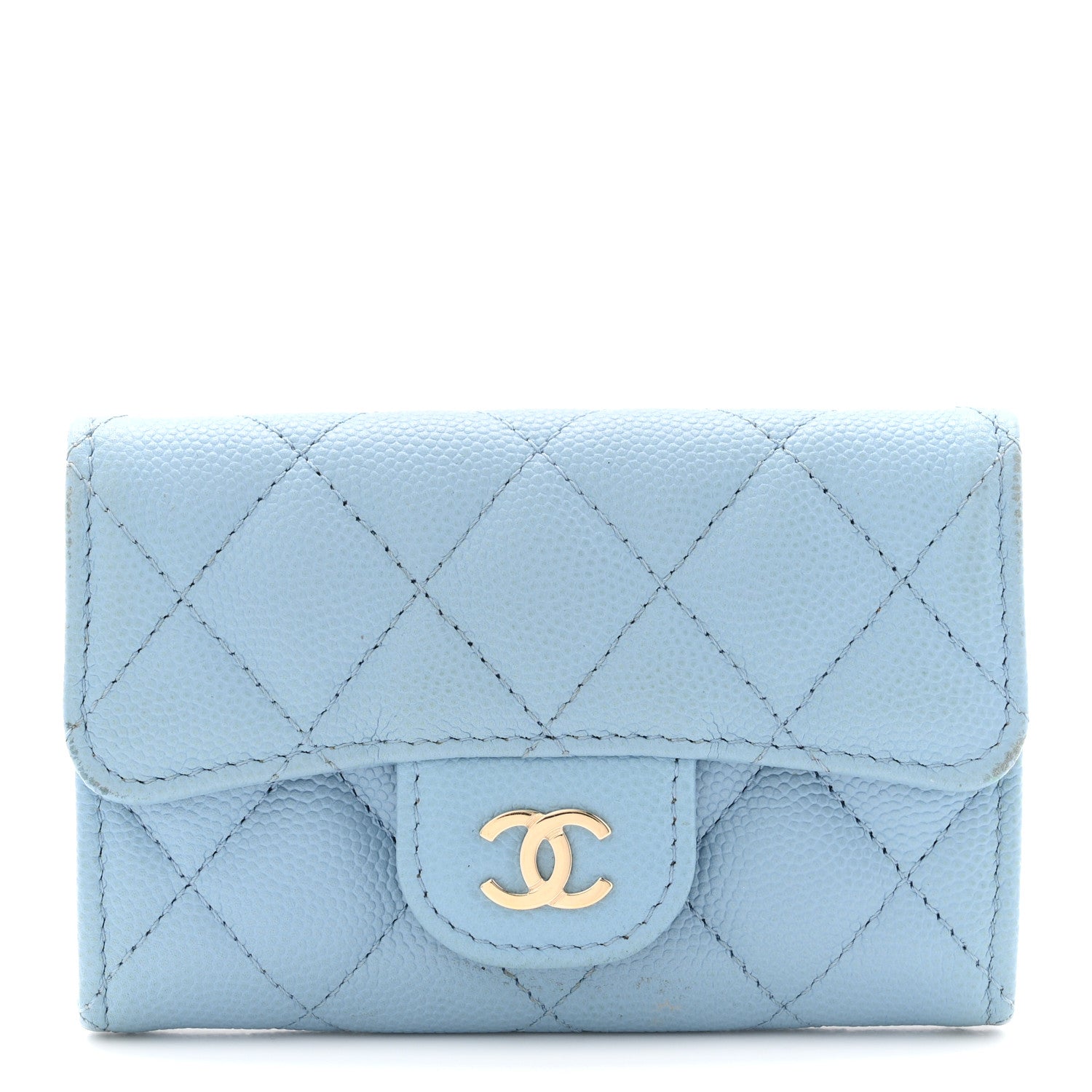 Caviar Quilted Flap  Holder Wallet Light Blue