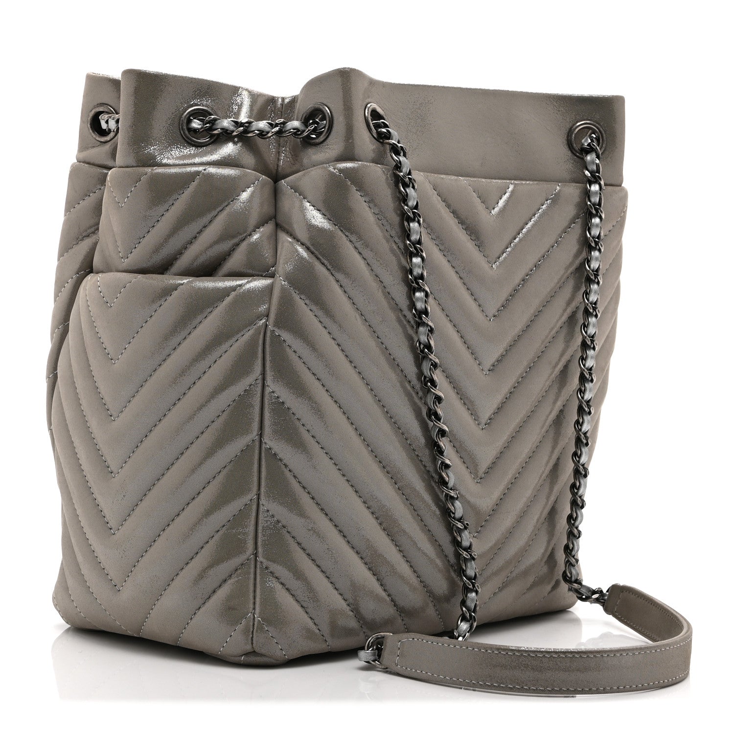 Iridescent Calfskin Chevron Small Urban Spirit Drawstring Bag Silver