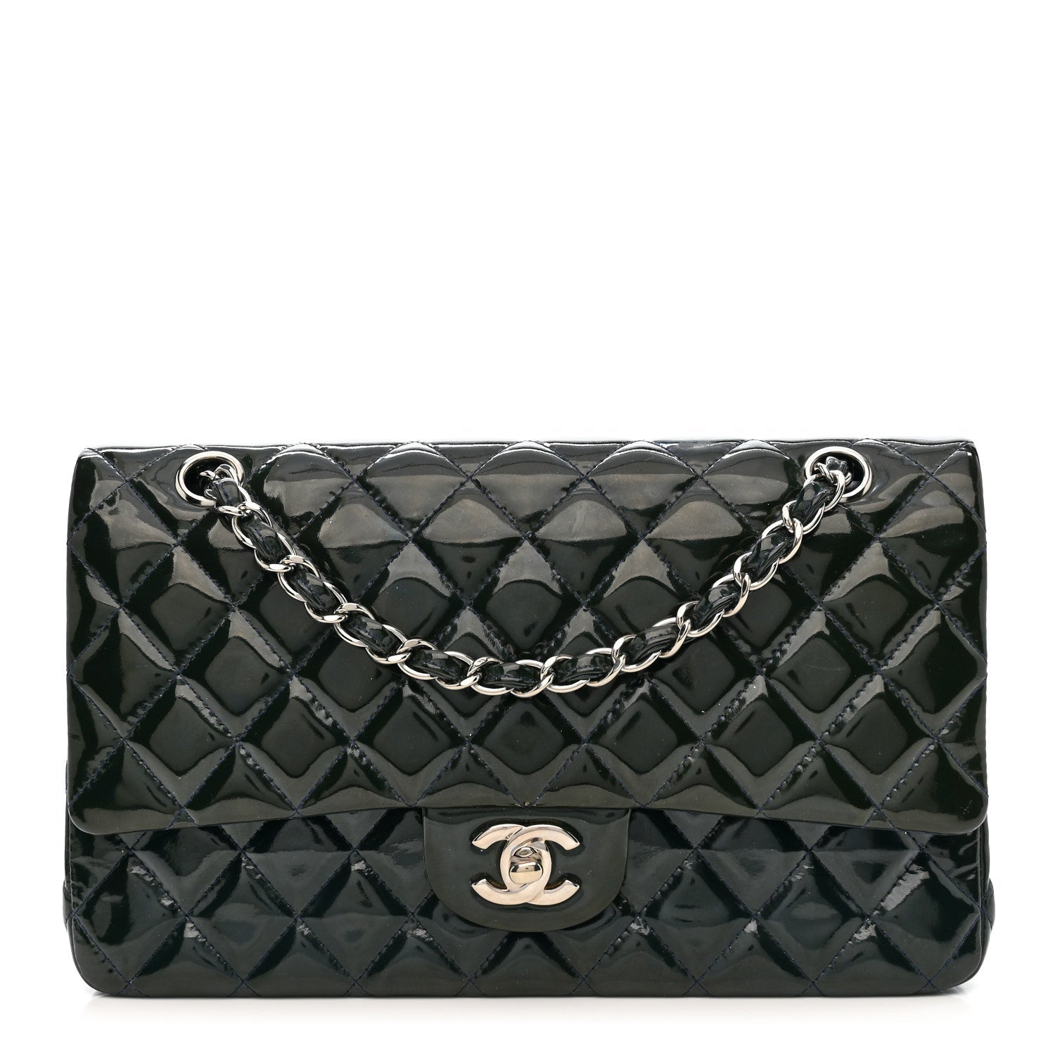 Patent Quilted Medium Double Flap Blue