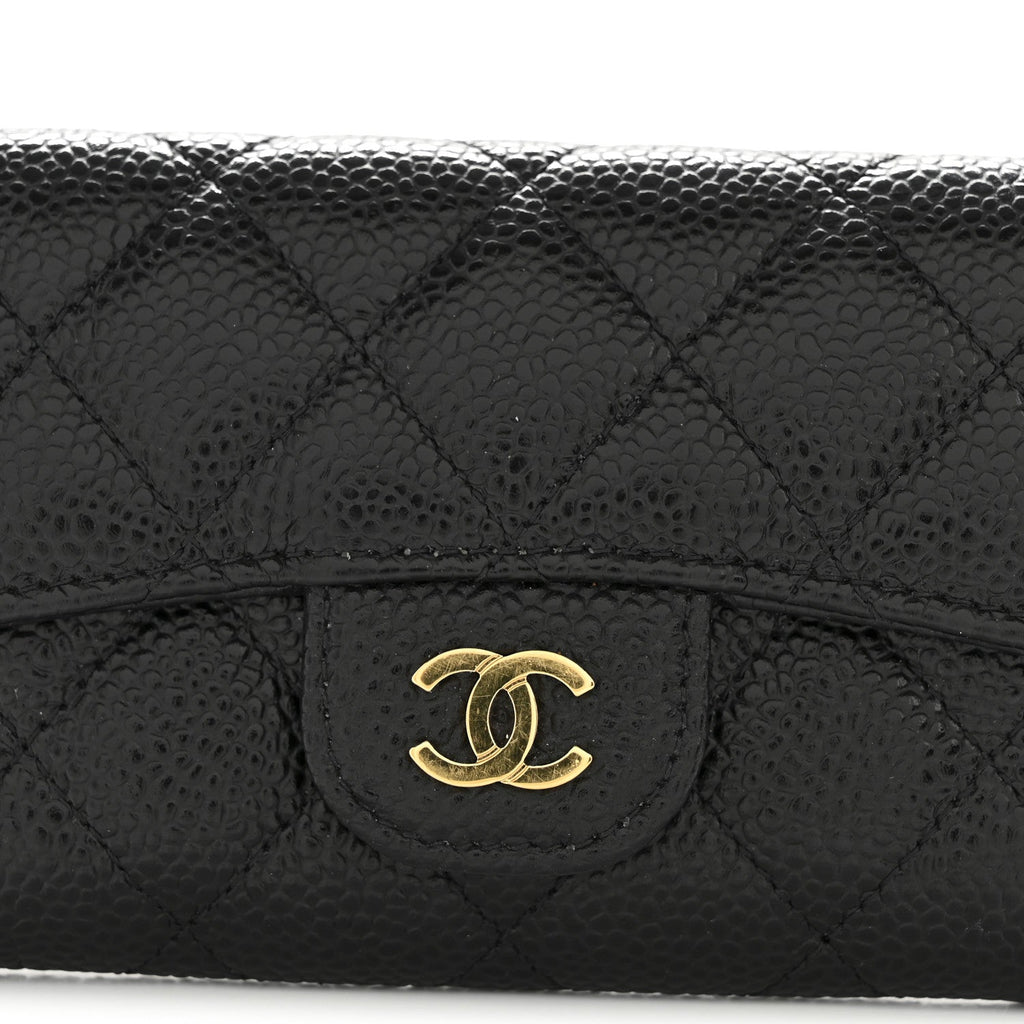 Caviar Quilted Flap  Holder Wallet Black