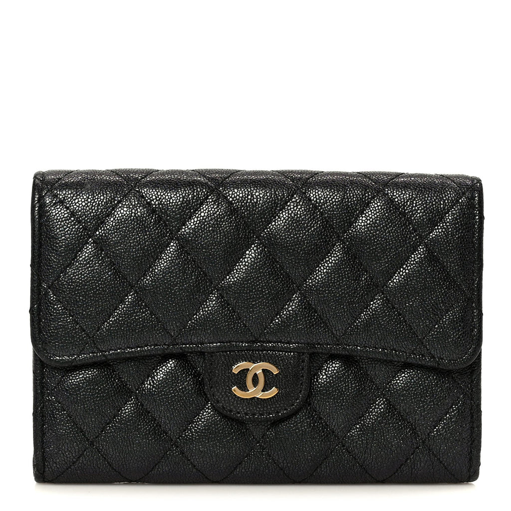 Iridescent Caviar Quilted Medium Flap Wallet Black