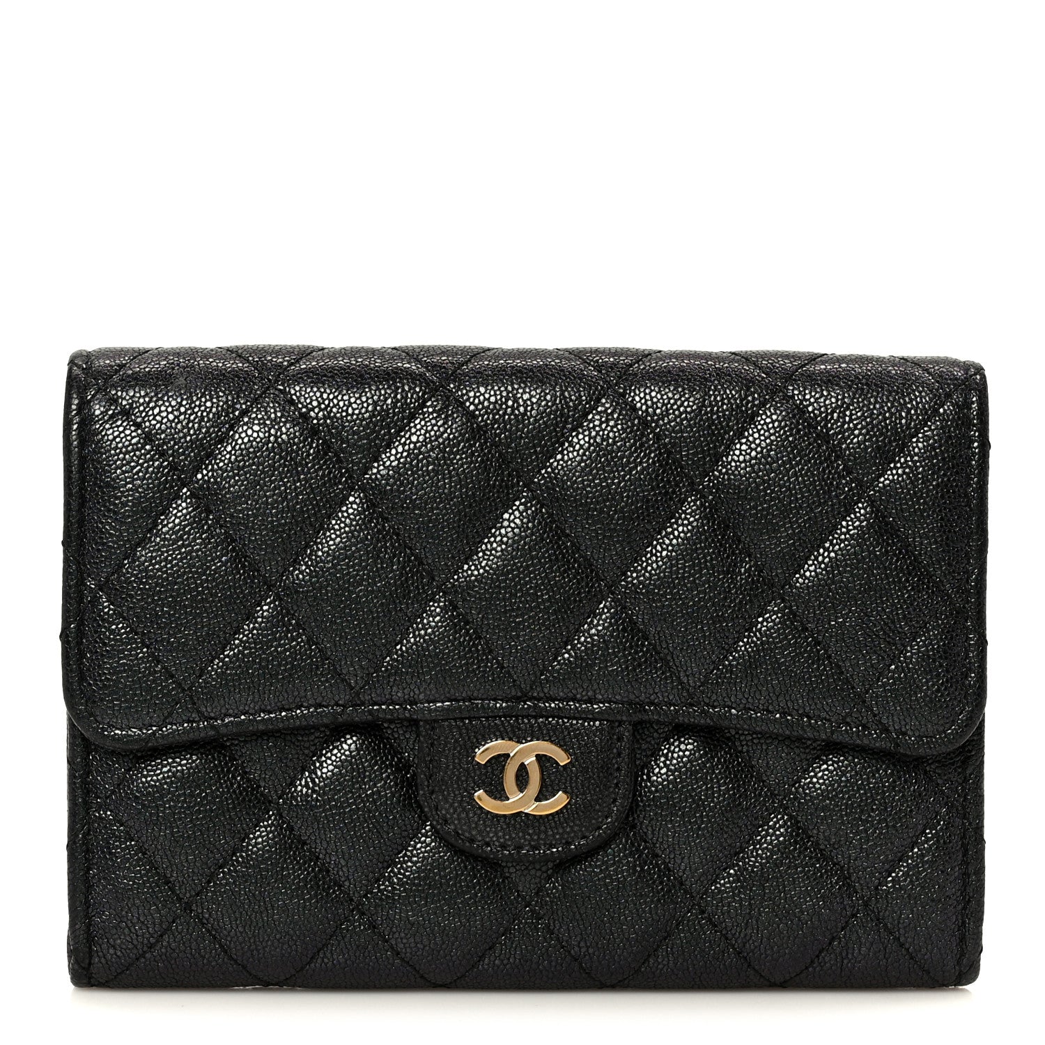 Iridescent Caviar Quilted Medium Flap Wallet Black