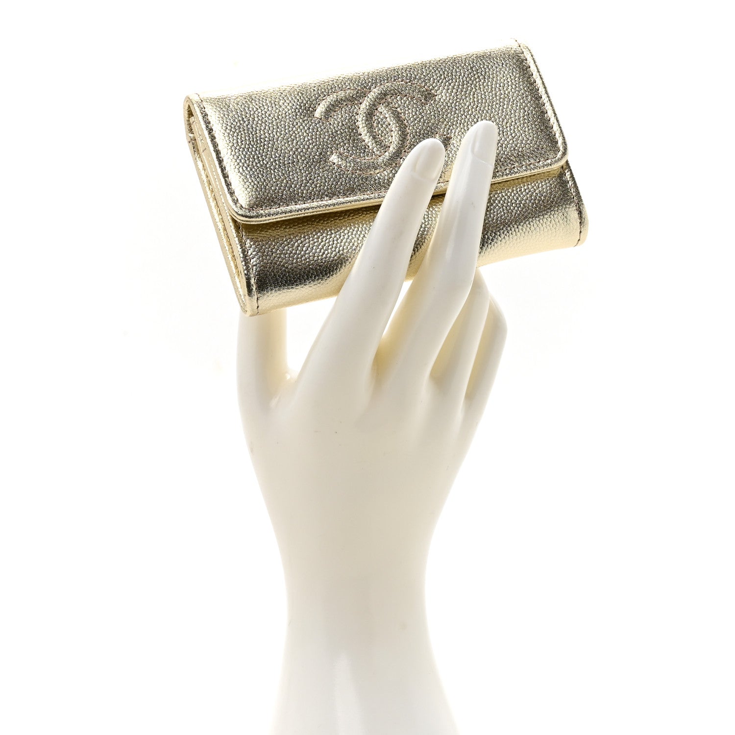 Metallic Caviar Quilted CC Flap  Holder Gold