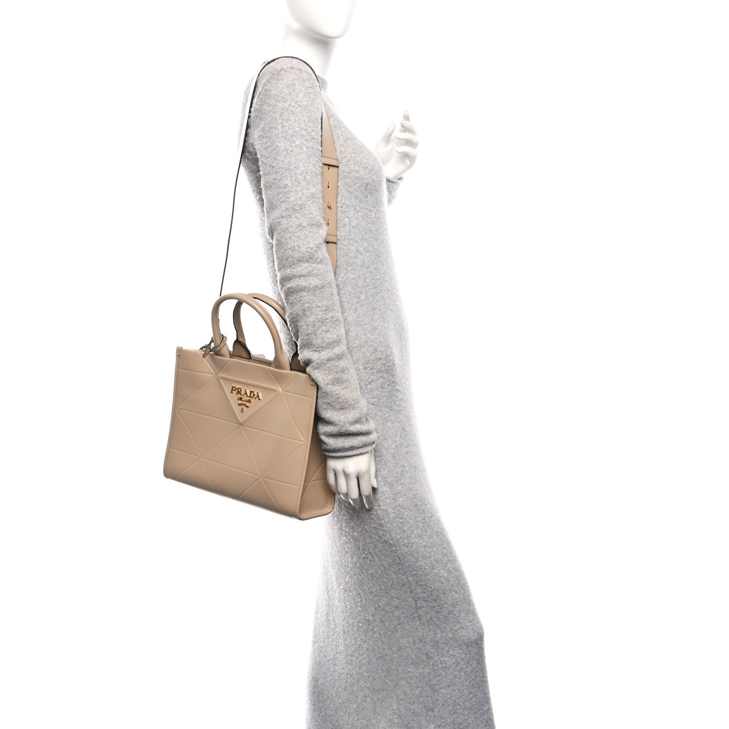 Soft Calfskin Triangolo Symbole Embossed Small Tote Sabbia