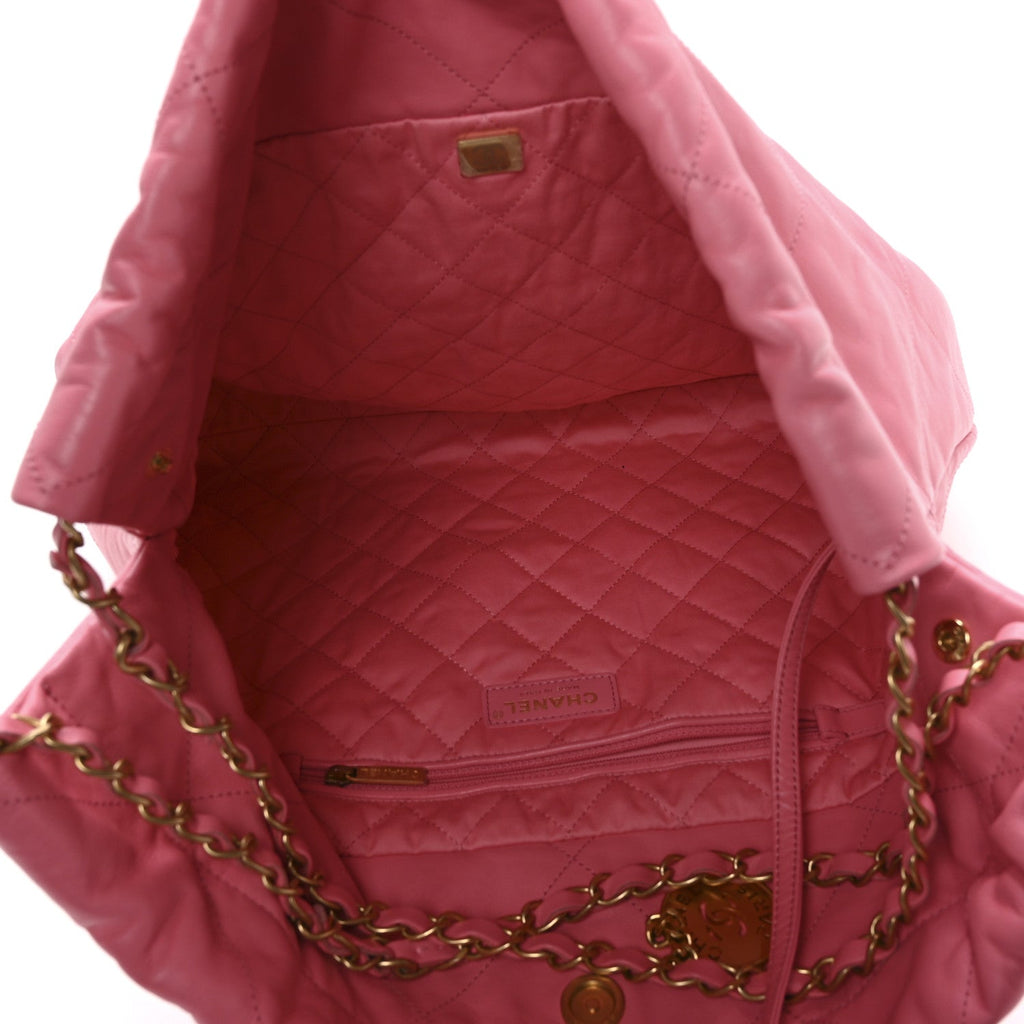 Shiny Calfskin Quilted Chanel 22 Drawstring Bag Pink
