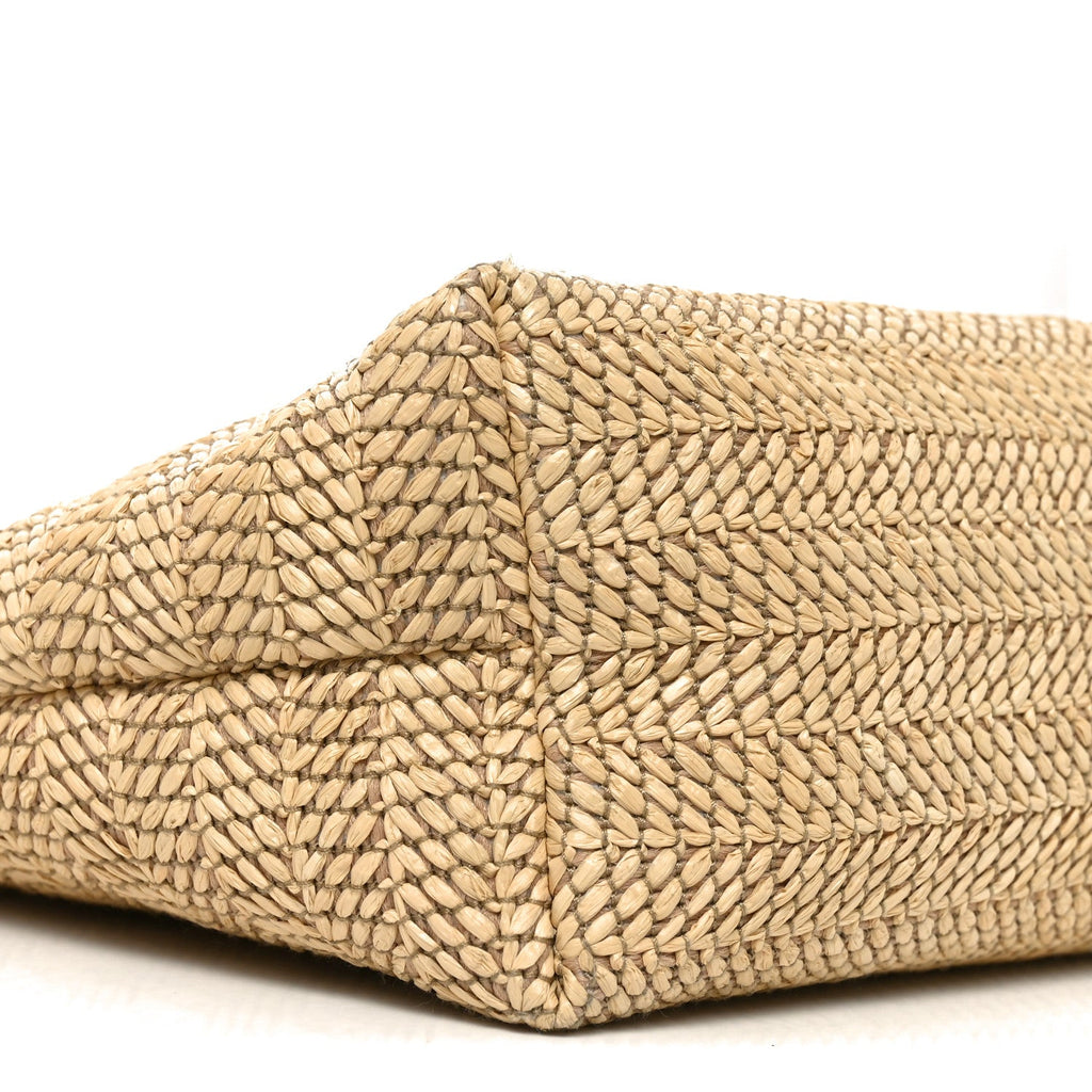 Raffia Woven Logo Patch Medium Tote Bag Natural Brown Multicolor