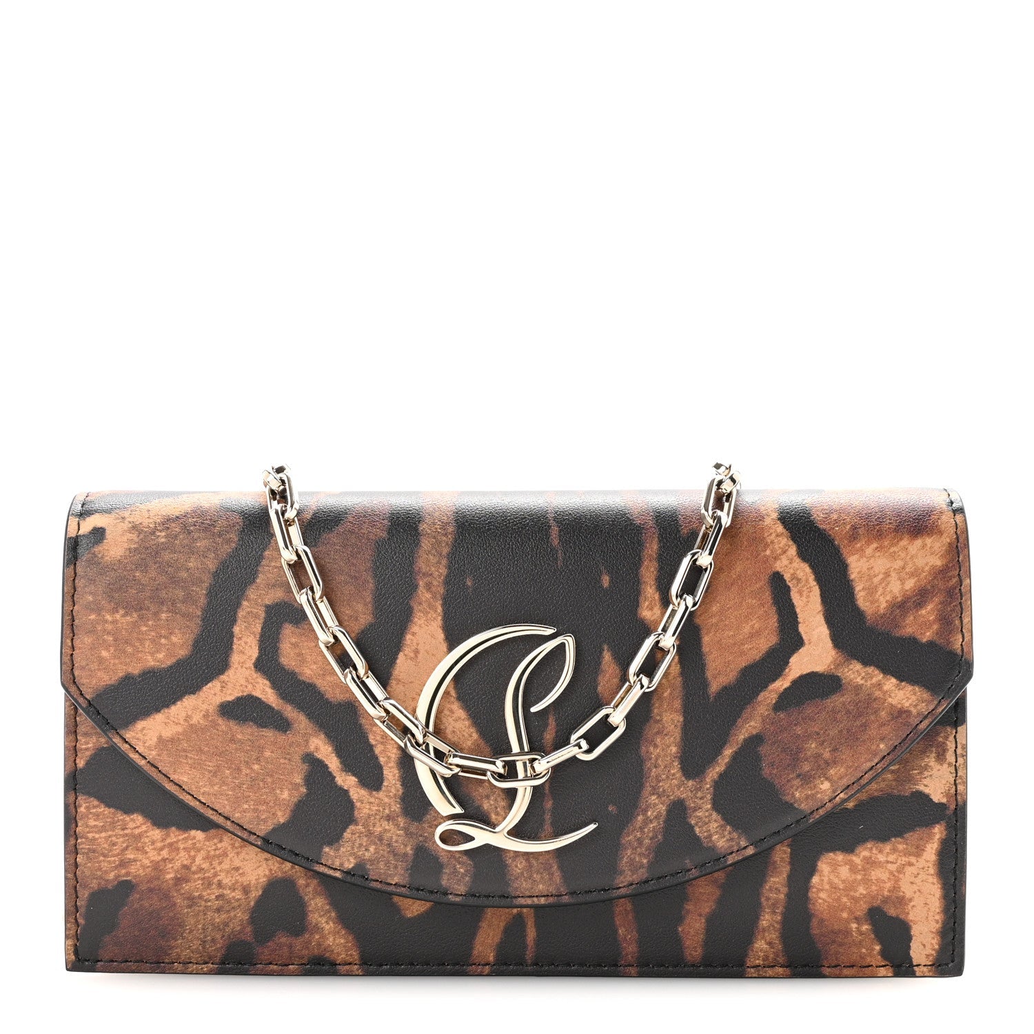 Calfskin Kitty Print Loubi54 Chain Clutch Brown Gold