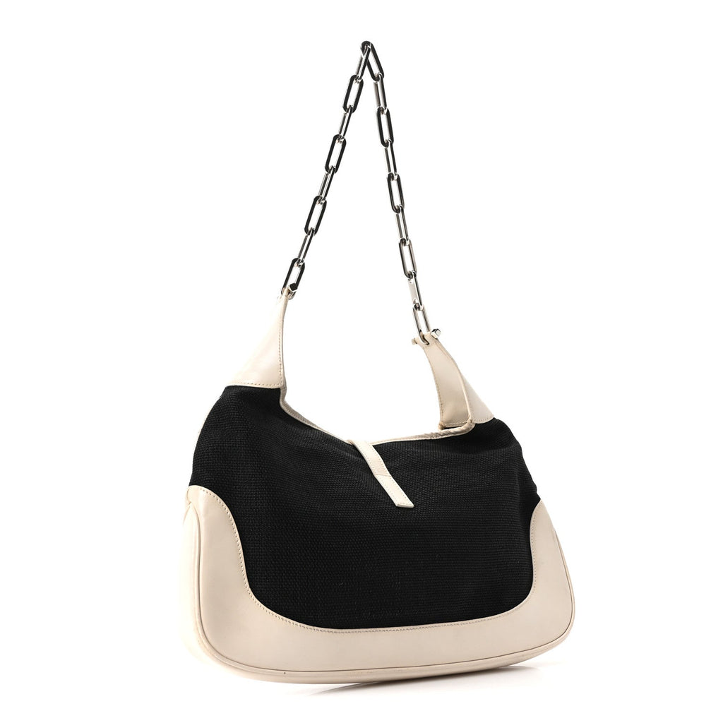 Canvas Calfskin Jackie O Chain Hobo White Black