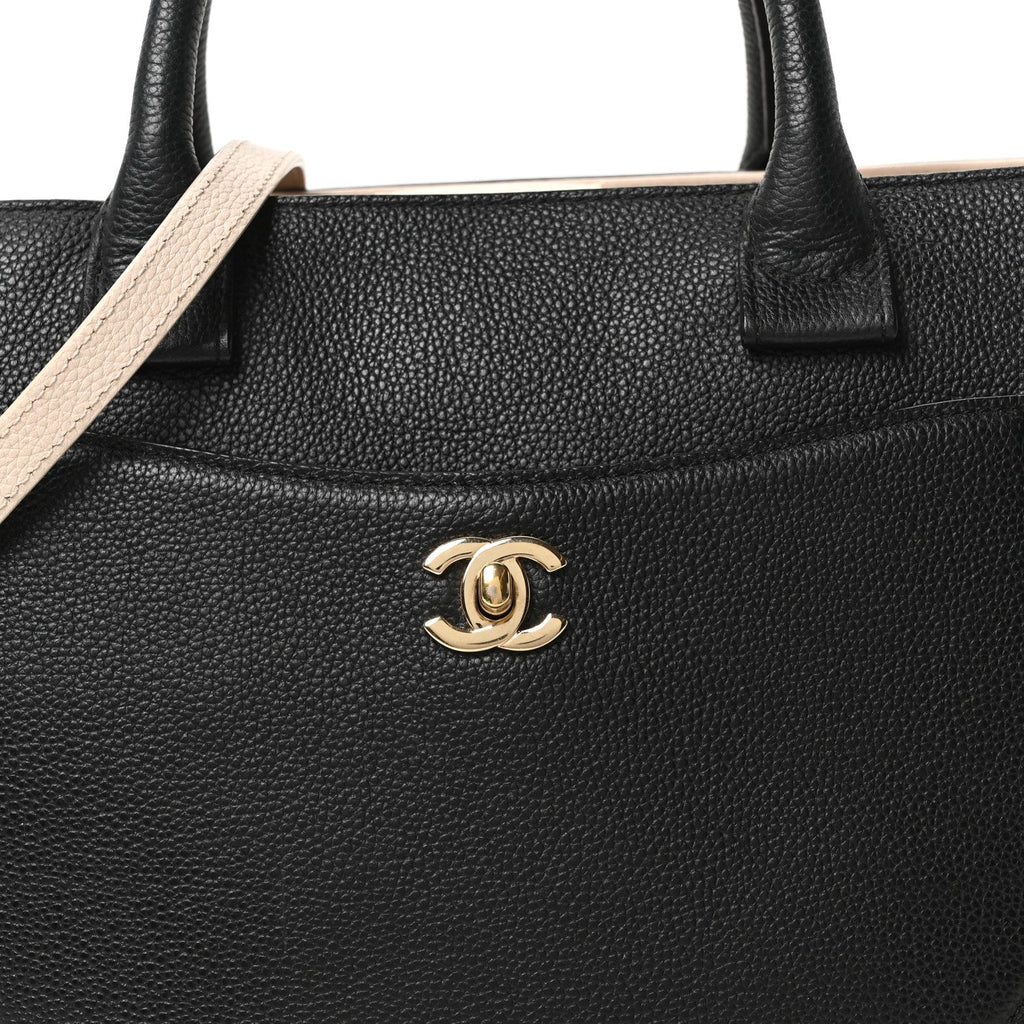 Grained Calfskin Small Bi-Color Neo Executive Shopper Tote Black Beige