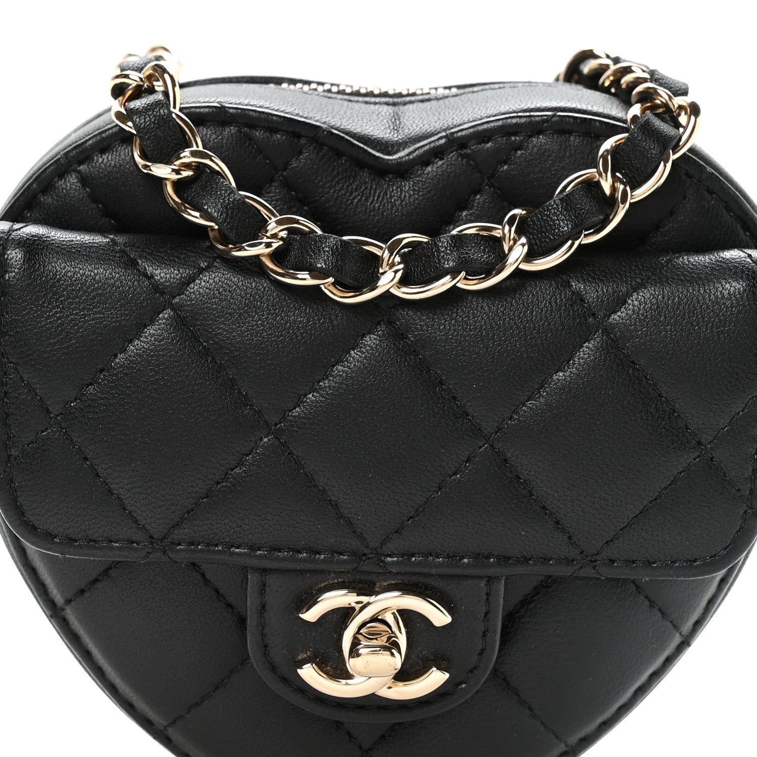 Lambskin Quilted CC In Love Heart Waist Belt Bag With Chain Black