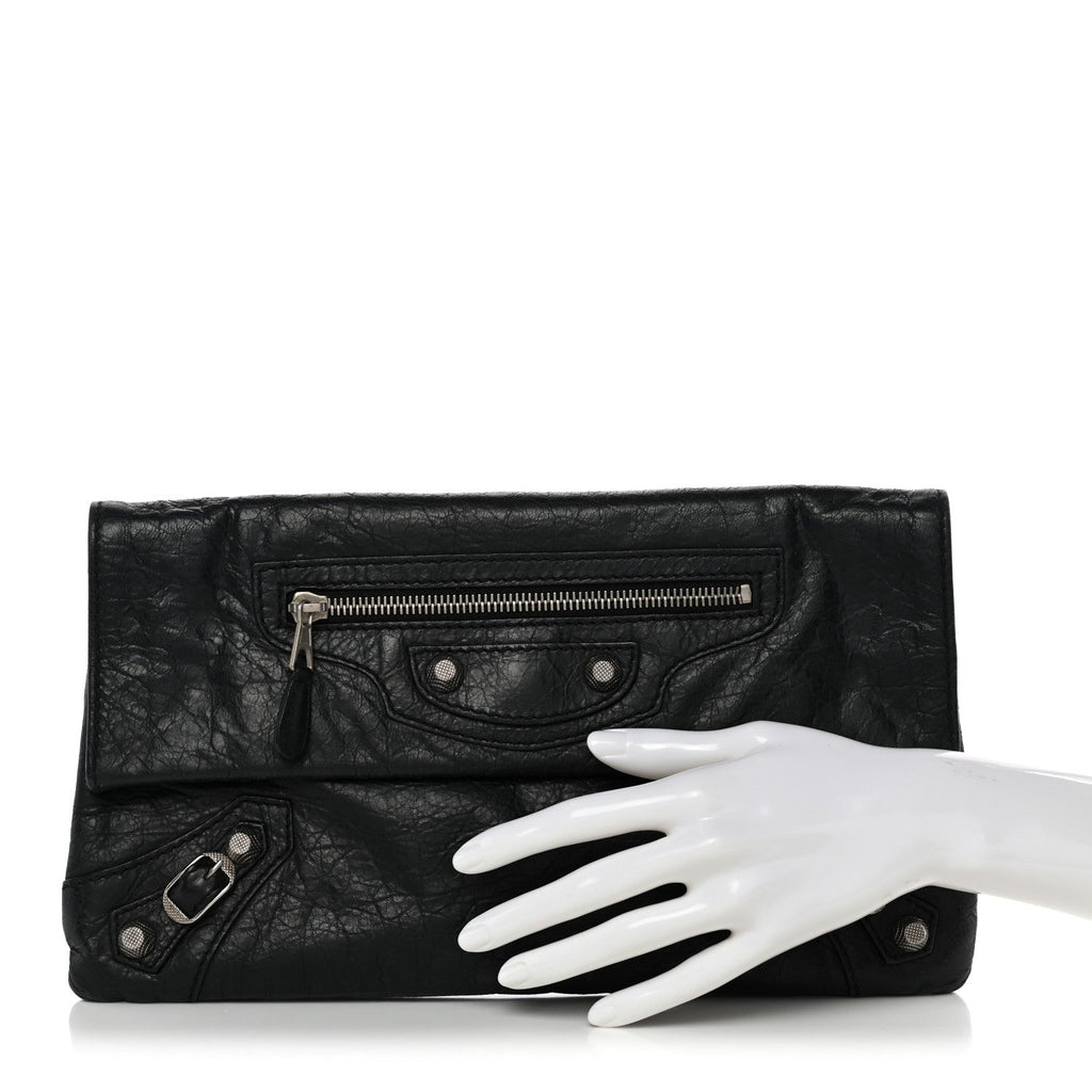 Agneau Giant 12 Silver Hardware Envelope Clutch Black