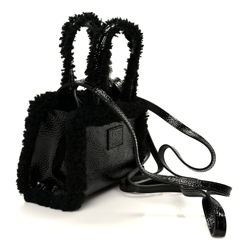 X UGG Crinkle Patent Shearling Small Shopping Bag Black
