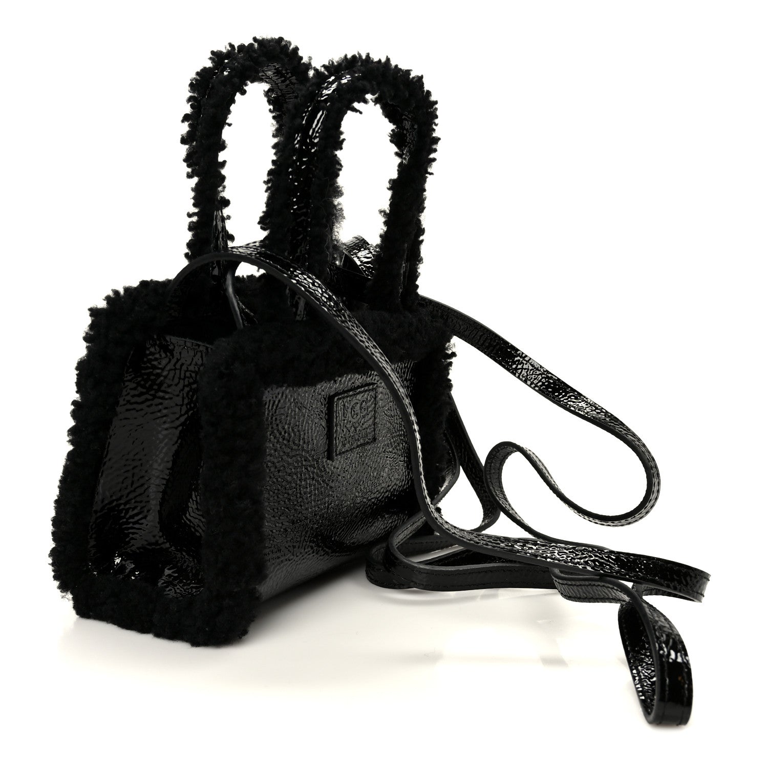 X UGG Crinkle Patent Shearling Small Shopping Bag Black