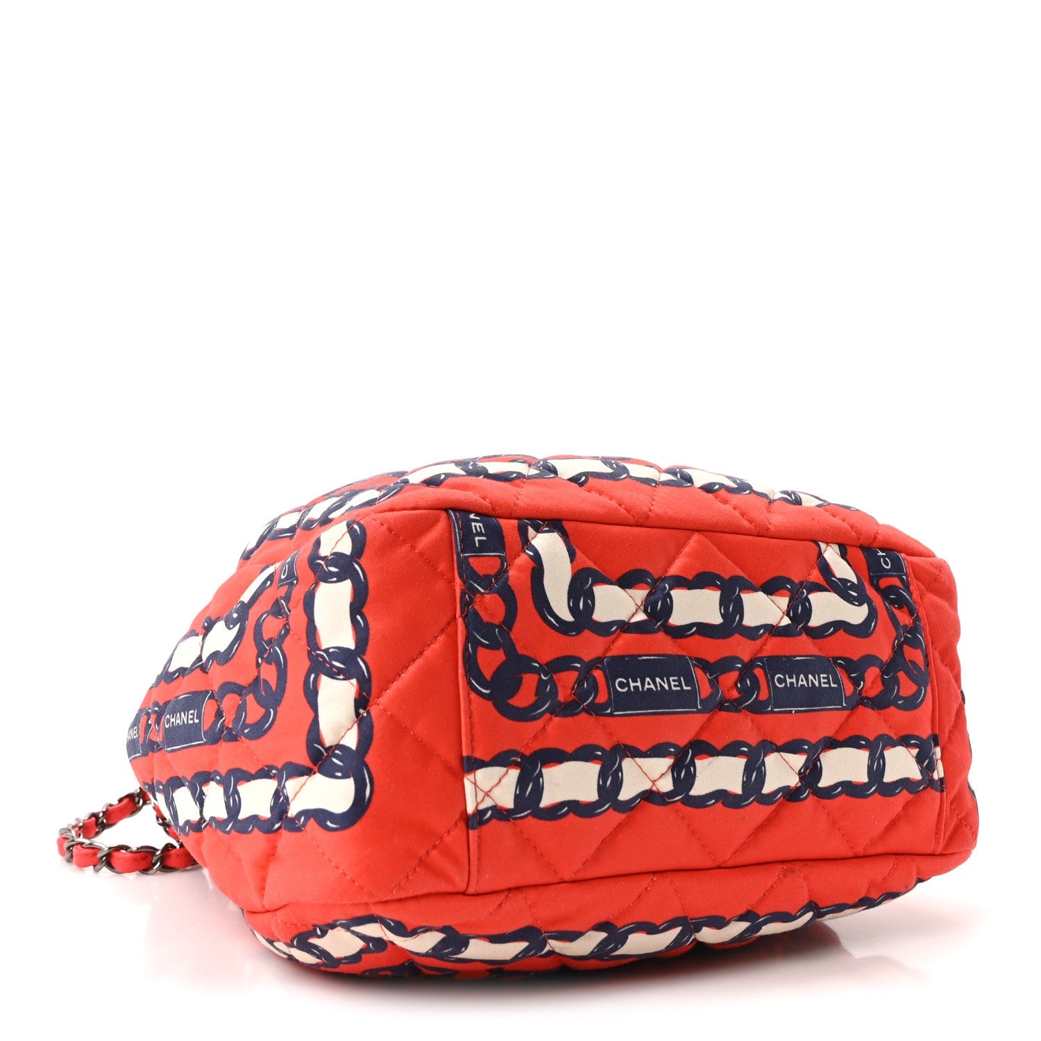 Silk Quilted Chain Printed Bucket Bag Red