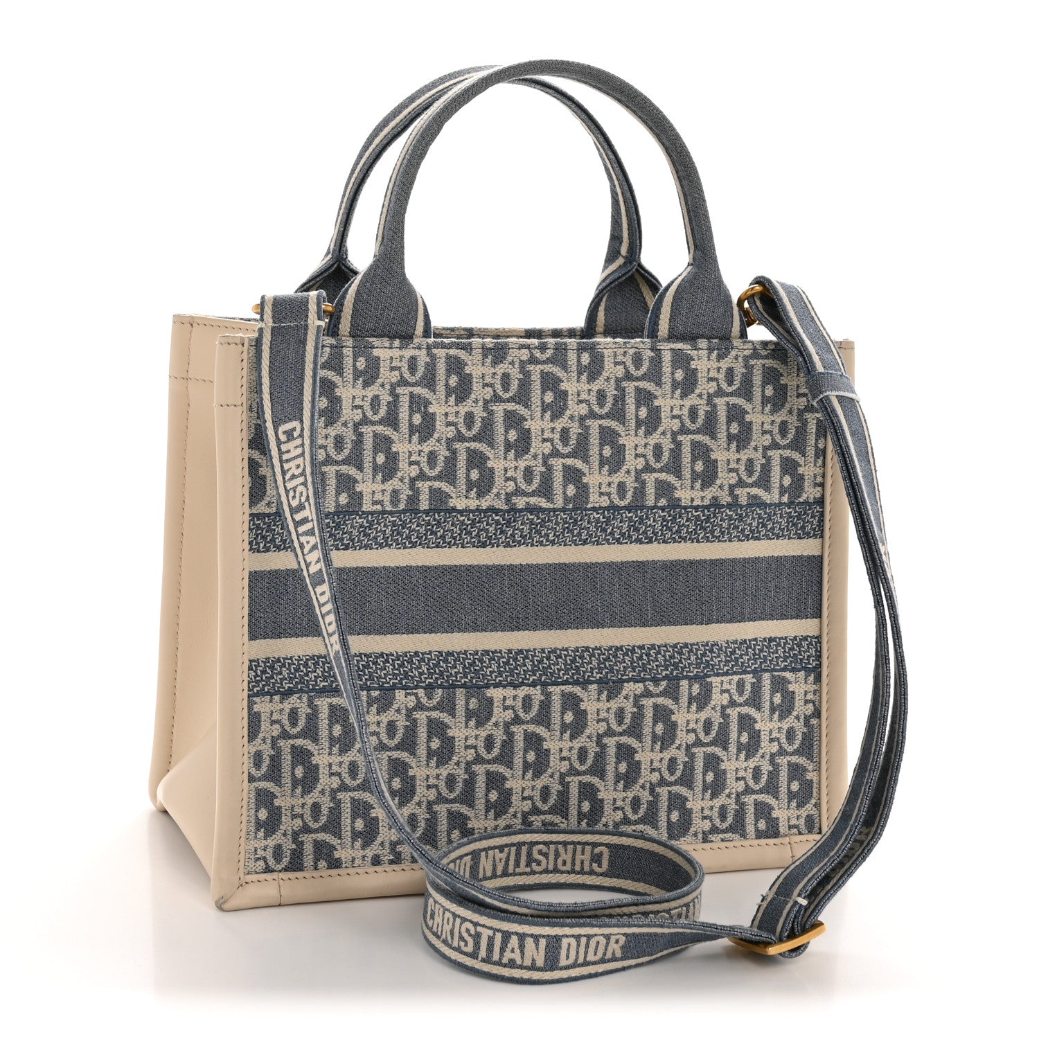 Oblique Chambray Calfskin Small Book Tote With Strap Blue Latte