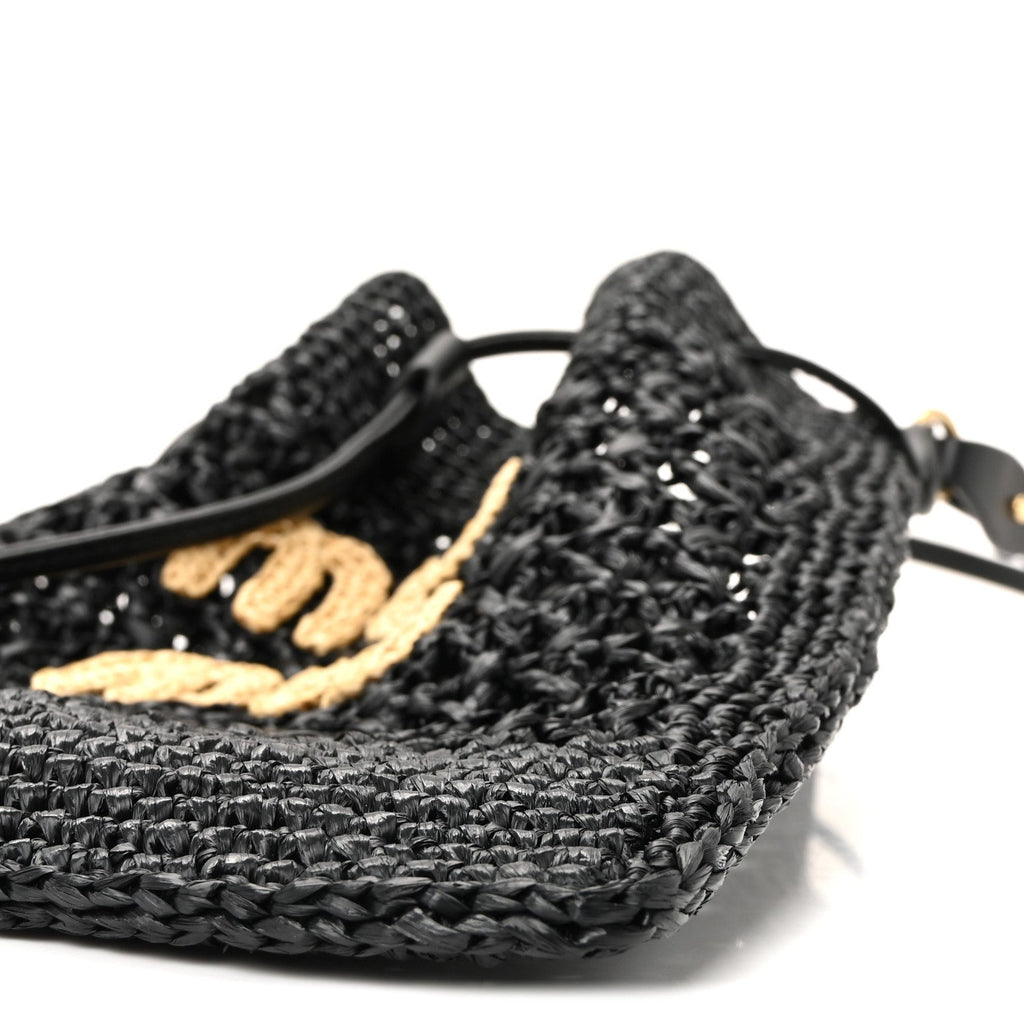 Raffia Crochet Drawstring Pouch Black Naturale