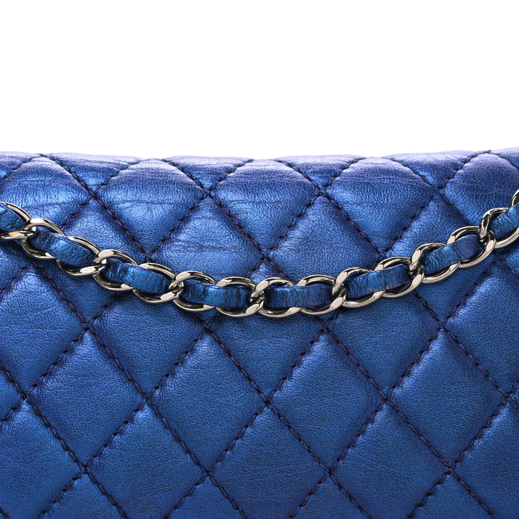 Metallic Lambskin Quilted Medium Double Flap Turquoise