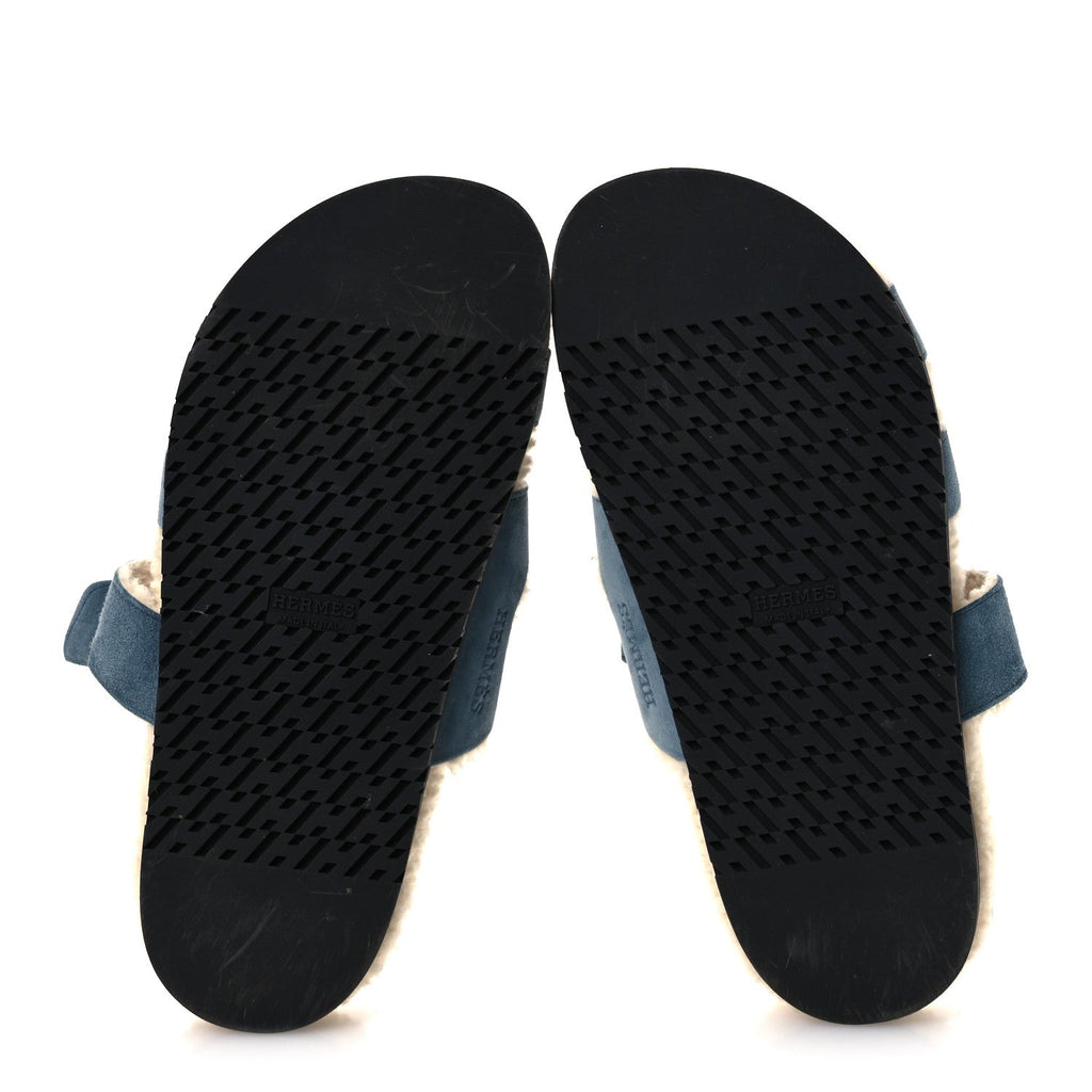 Suede Goatskin Woolskin Womens Chypre Sandals 38 Bleu Pinede Ecru