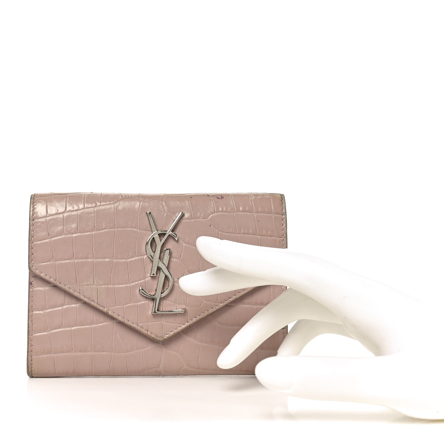 Calfskin Crocodile Embossed Small Monogram Envelope Wallet Rose Antic