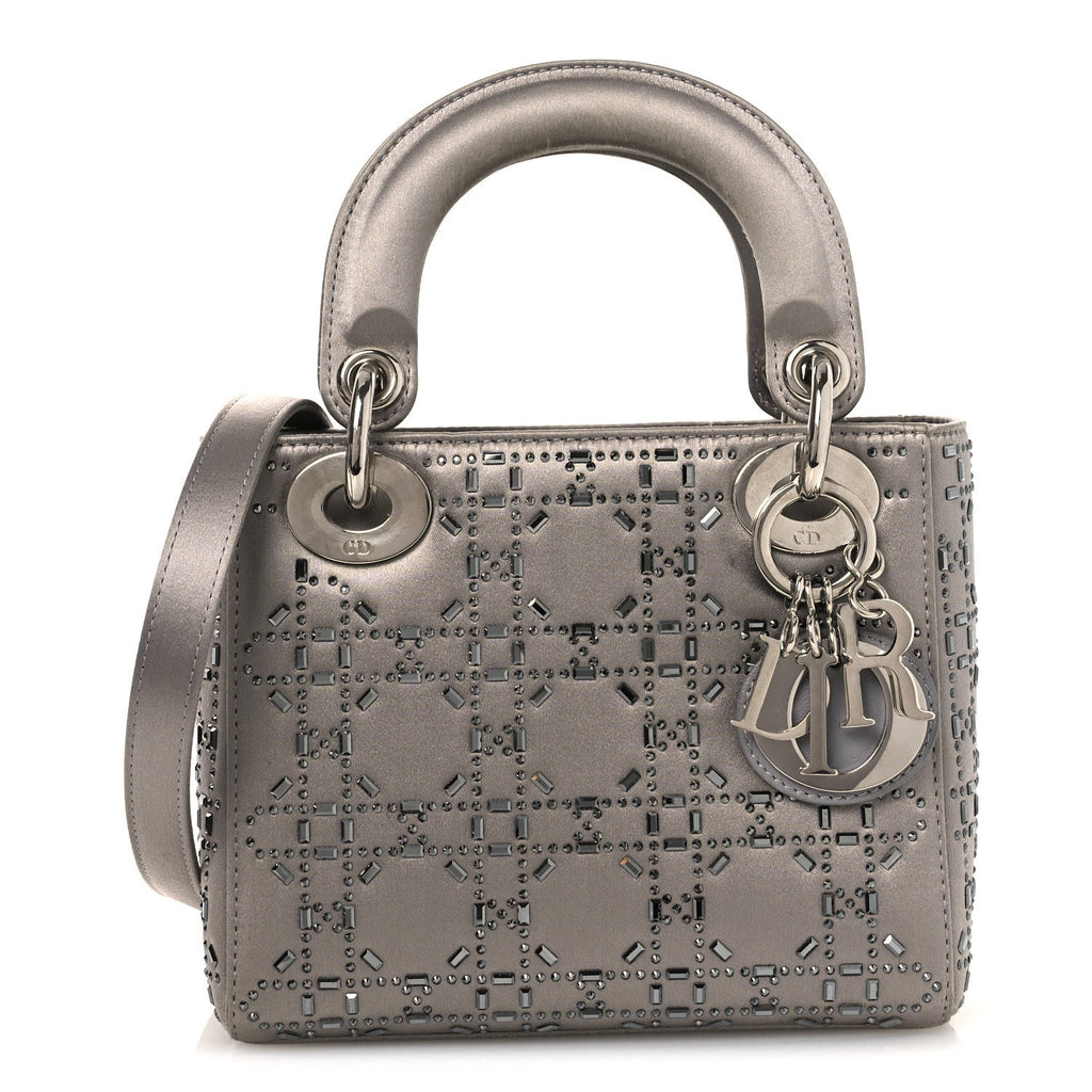 Satin Crystal Cannage Mini Lady Dior Gray